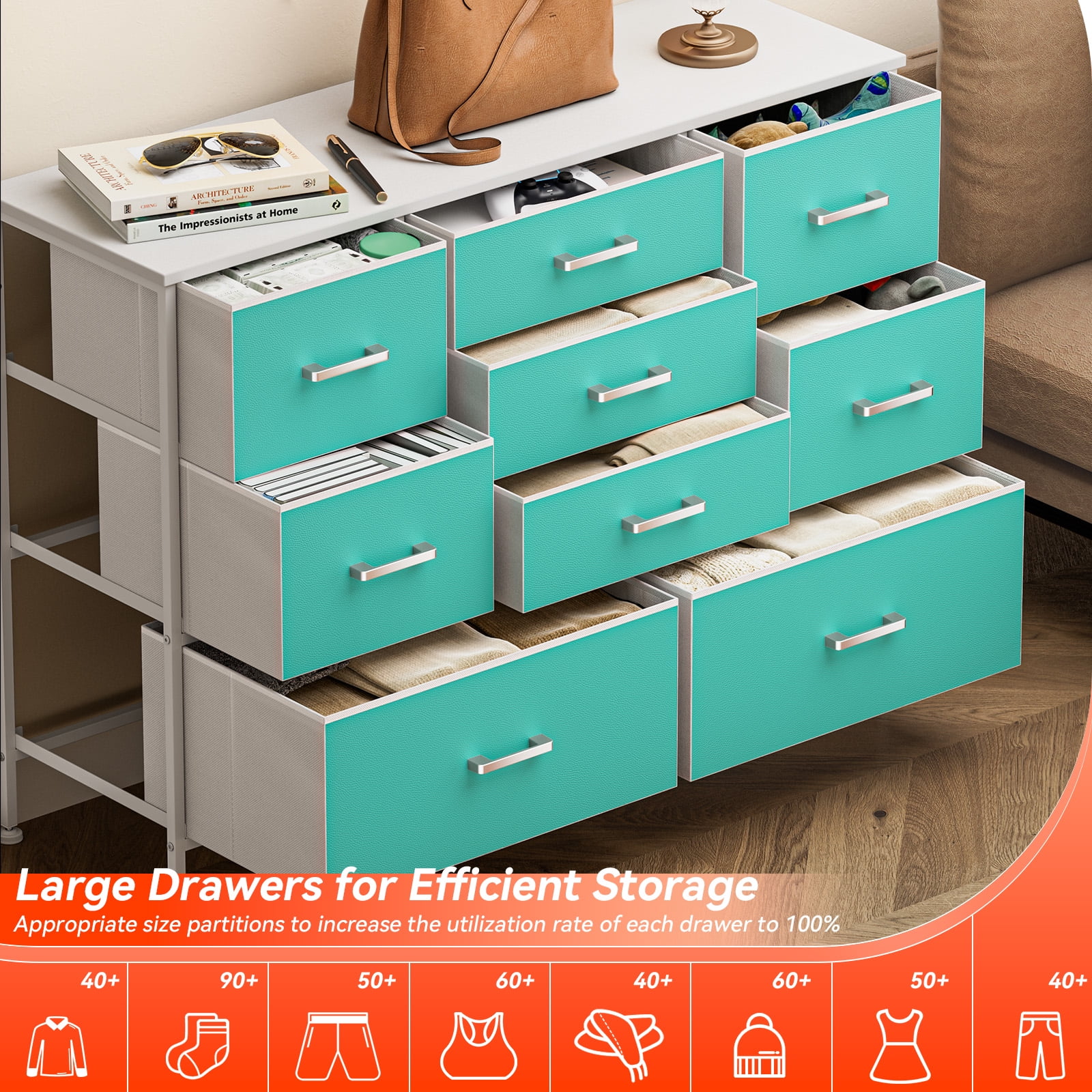 YILQQPER Dresser for Bedroom with 9 Drawer, TV Stand with Leather Front, Metal Handles, Wood Top, Large Chest of Drawers for Closet, 13.7''D x 43.3''W x 31.8''H, Green