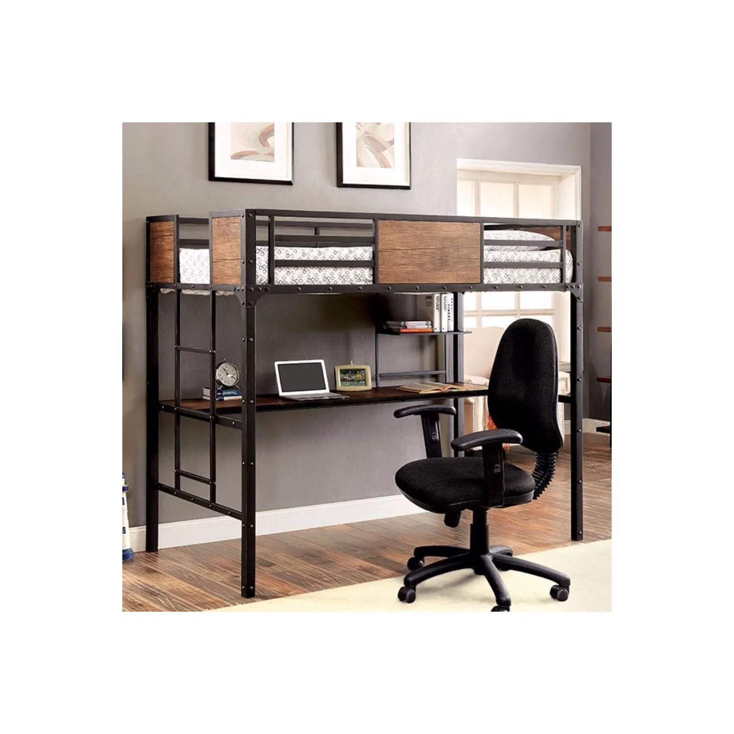 BenJara Wooden & Metal Twin Size Bunk Bed With Workstation, Black