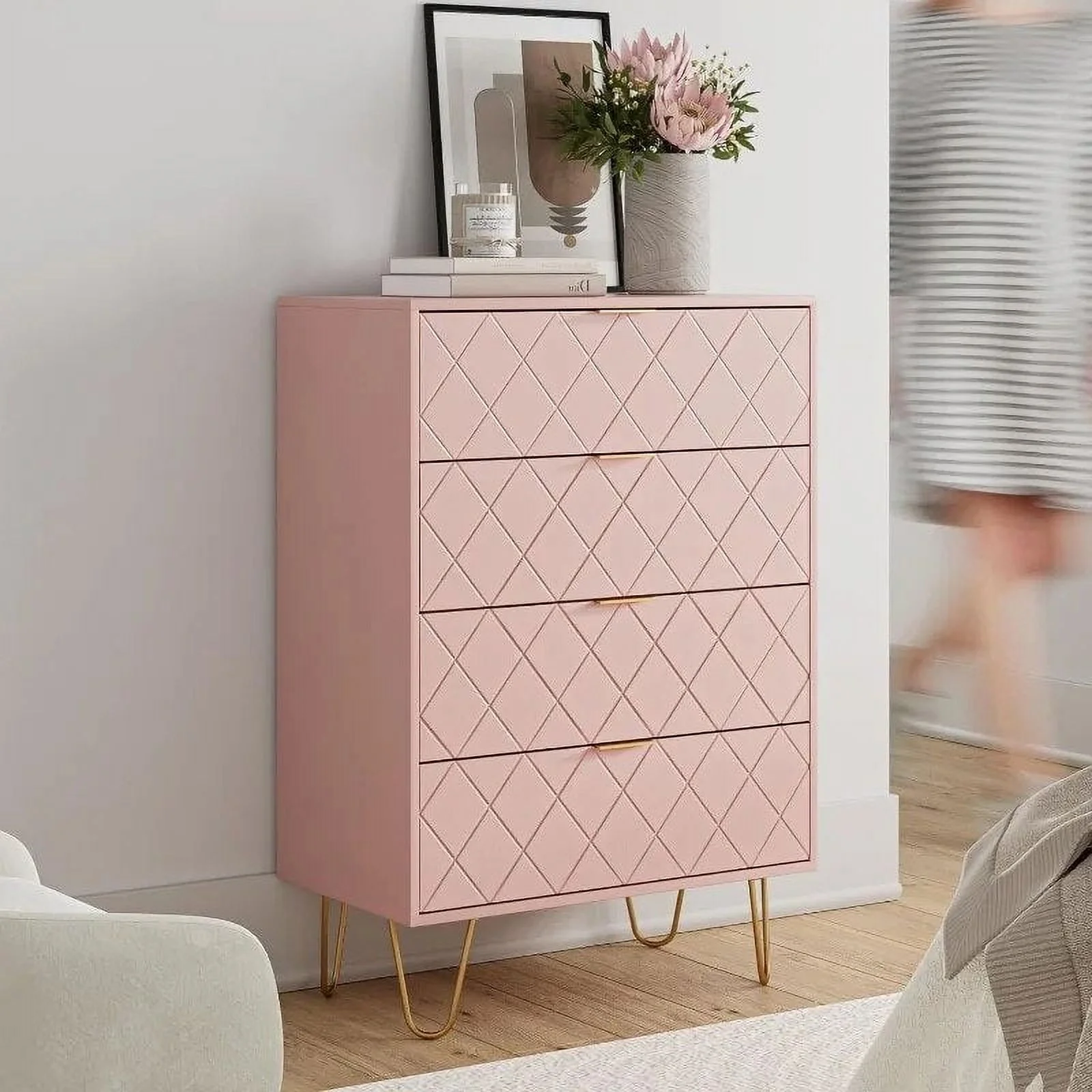 , Tall Storage Dresser Chest Cabinet Organizer Unit with Metal Legs, Small Dresser for Bedroom, Living Room, Closet