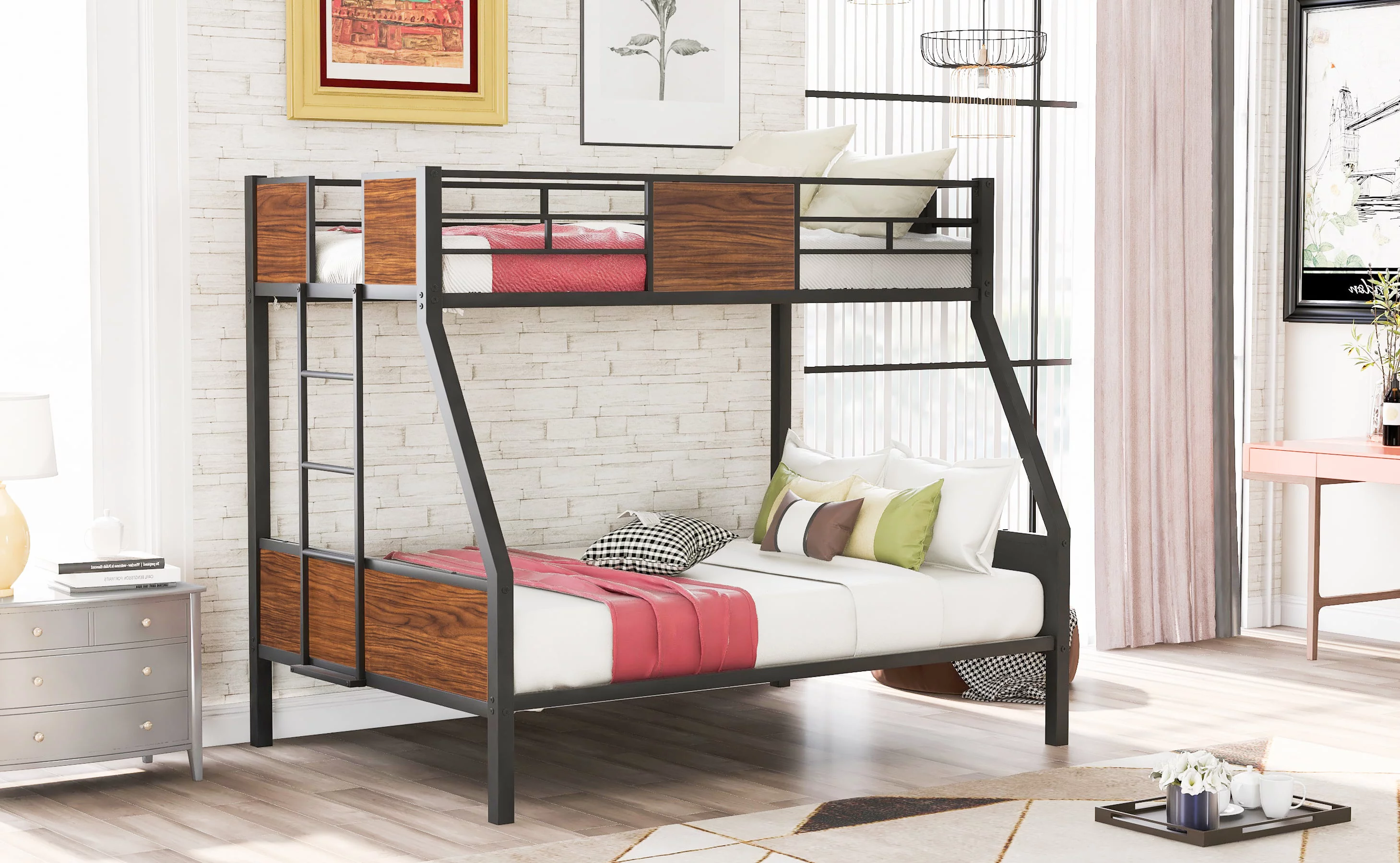 Dcenta Twin-over-full bunk bed modern style steel frame bunk bed with safety rail, built-in ladder for bedroom, dorm, boys, girls, adults