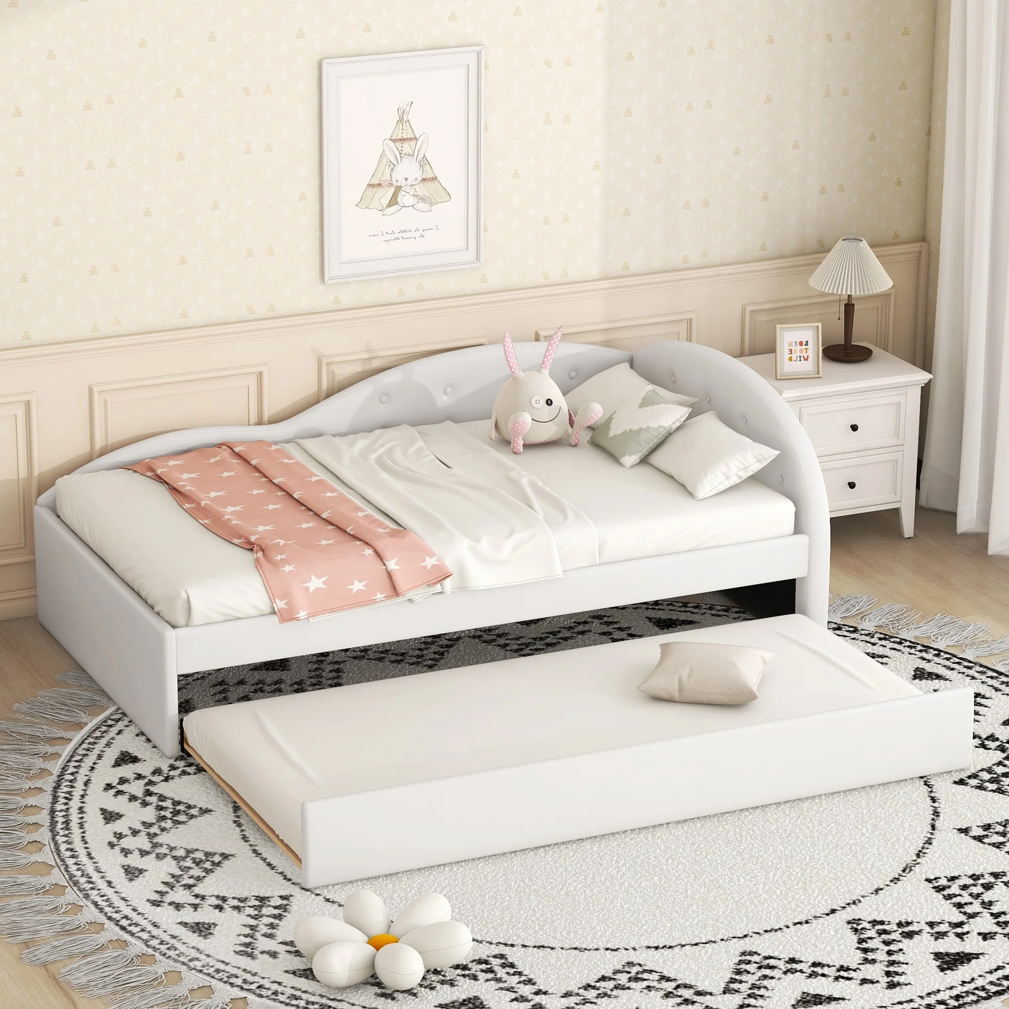 Euroco Twin Size PU Upholstery Daybed, Tufted Sofa Bed with Trundle for Kids Room, White