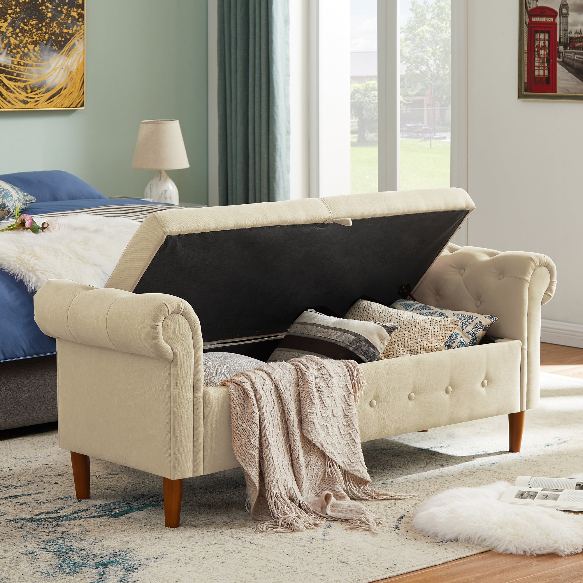 HUTWIFE 63'' Linen Fabric Storage Bench for Bedroom End of Bed,Rolled Armed Ottoman Couch, Beige