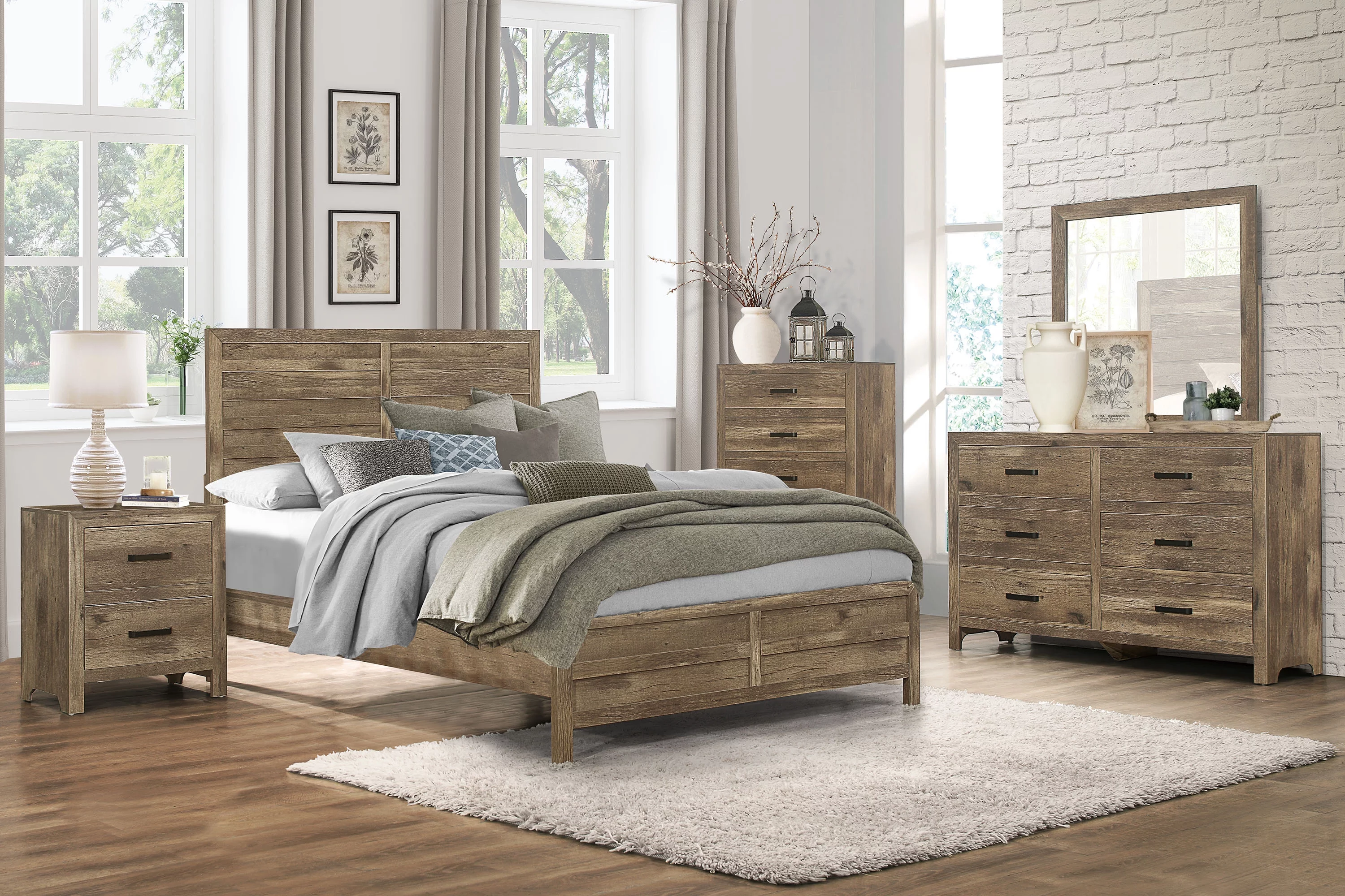 Transitional Aesthetic Design Bedroom Furniture 4pc Set Full Size Bed Nightstand Dresser Mirror Weathered Pine Finish