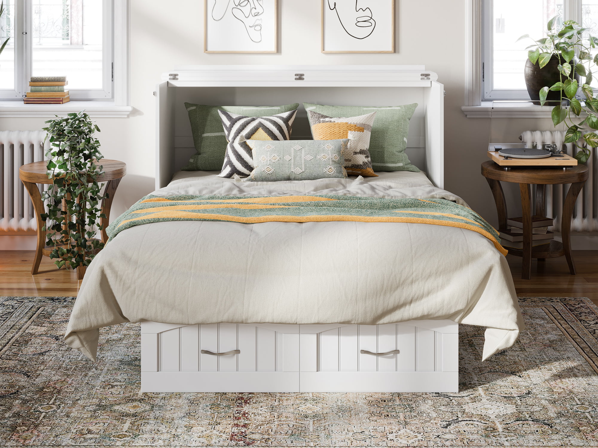 AFI Nantucket Full Solid Wood Murphy Bed Chest with Mattress, Drawer & Charger in White