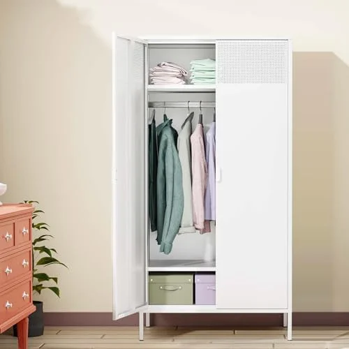 KHBIULIFE Metal Cabinets Locker with Hanging Rod and Adjustable Shelves 71'' Clothing Steel Wardrobe for Home & Office School Employee Gym(White)