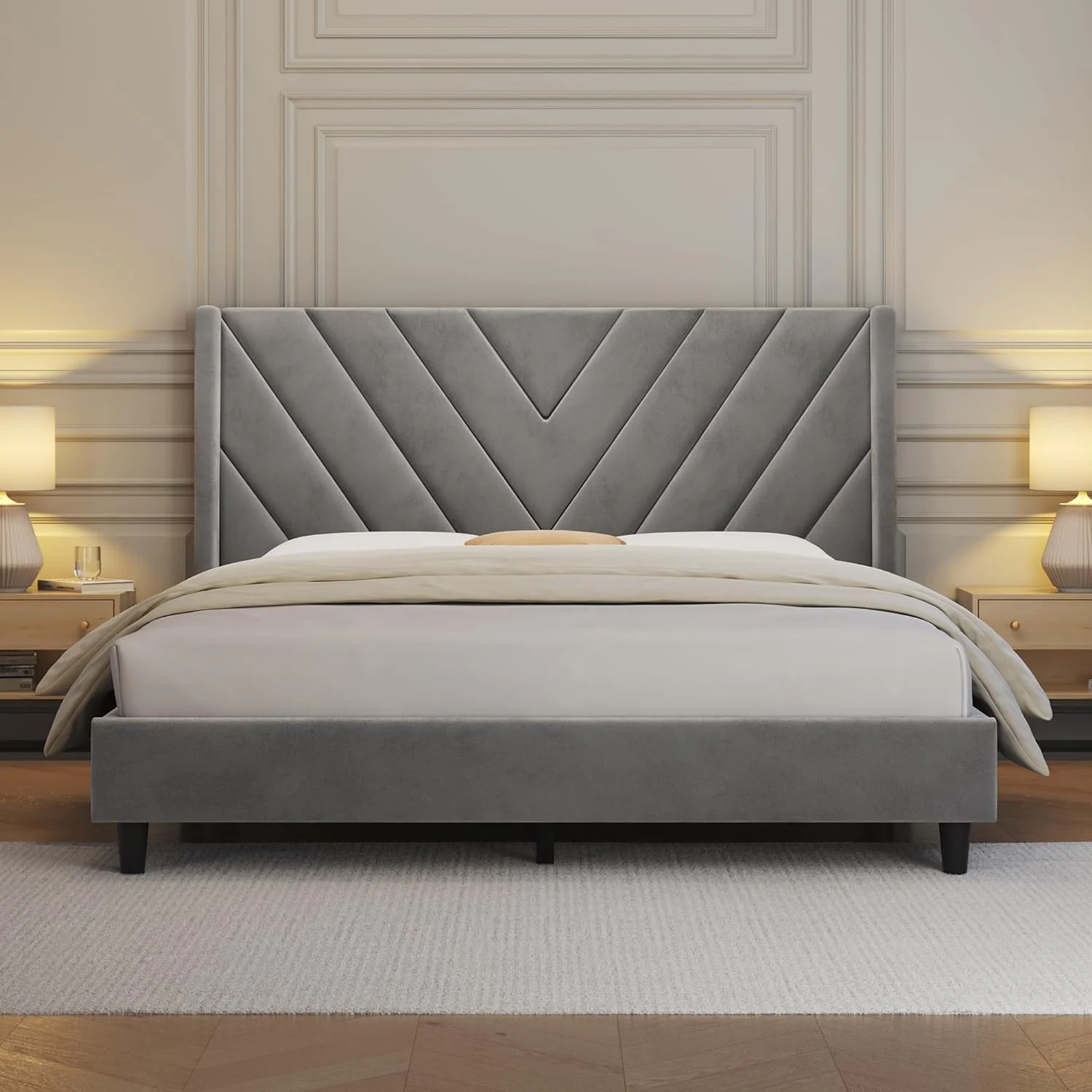 Bed Frame with Square Tufted Fabric Headboard, Upholstered Platform Bed with Strong Wooden Slats Support and Mattress Foundation, Dark Grey-Full