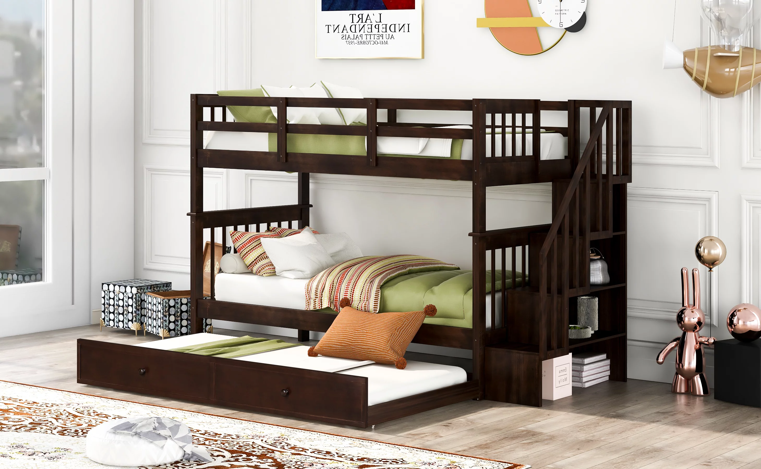 Dcenta Stairway Twin-Over-Twin Bunk Bed with Twin size Trundle for Bedroom, Dorm, Adults, Espresso