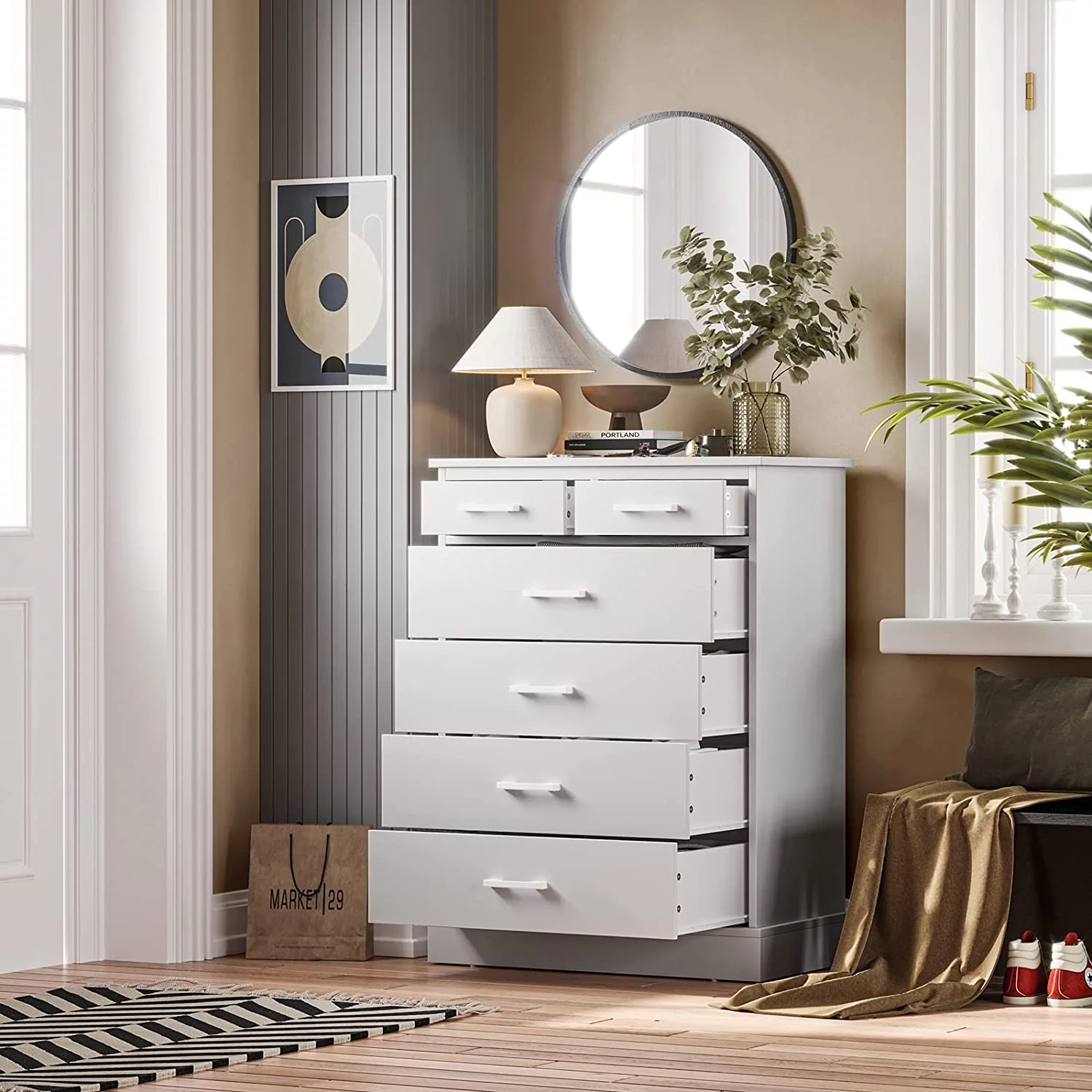 Classic 6-Drawer Dresser, Wood Storage Tower Clothes Organizer, Storage Cabinet for Bedroom Hallway Entryway,White