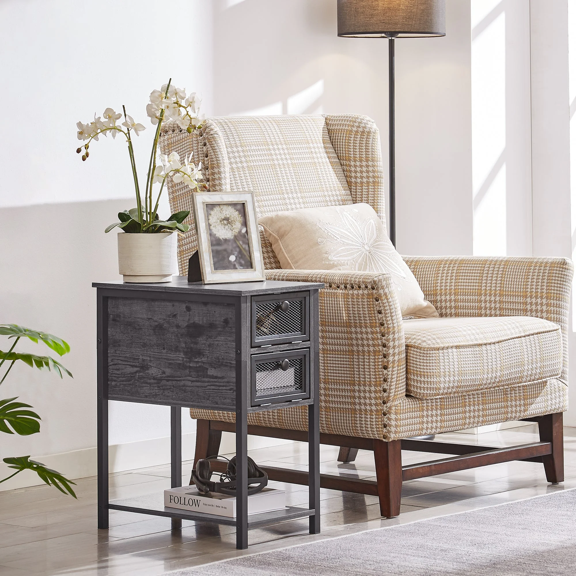 VECELO 2-Drawer Nightstand with Storage Shelf, Industrial Narrow End Side Table for Bedroom Living Room, Charcoal Gray