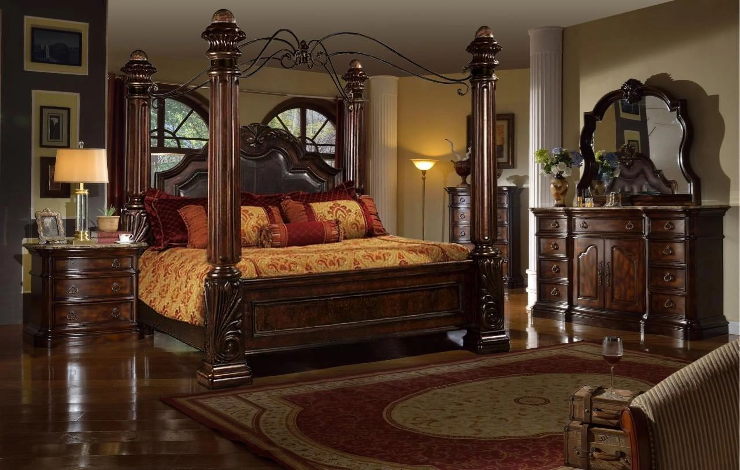 Rich Brown Solid Hardwood King Canopy Bedroom Set 4Pc Classic McFerran B6005
