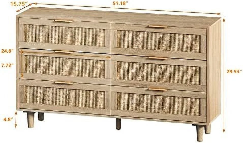 KHBIULIFE 6 Drawer Rattan Dresser Modern Chest with 6 Drawers Wood Cabinet Sideboard TV Cabinet for Bedroom Living Room Entryway Hallway(Natural Walnut)