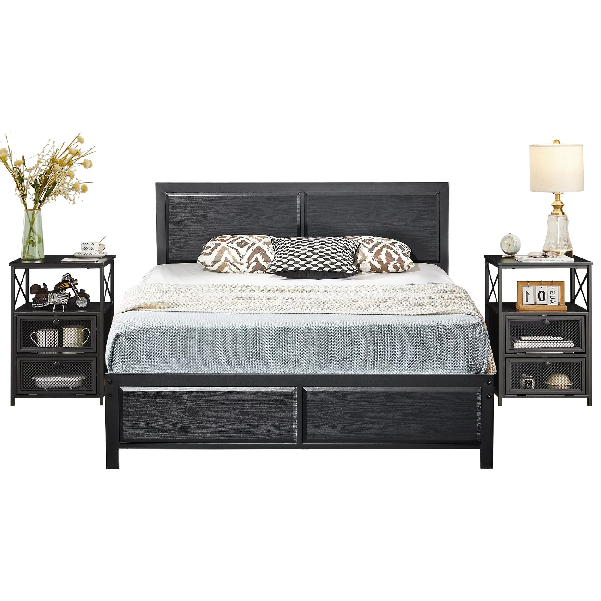VECELO 3-Piece Bedroom Set Includes Full Platform Bed Frame and Nightstands with 2-Drawer, Black