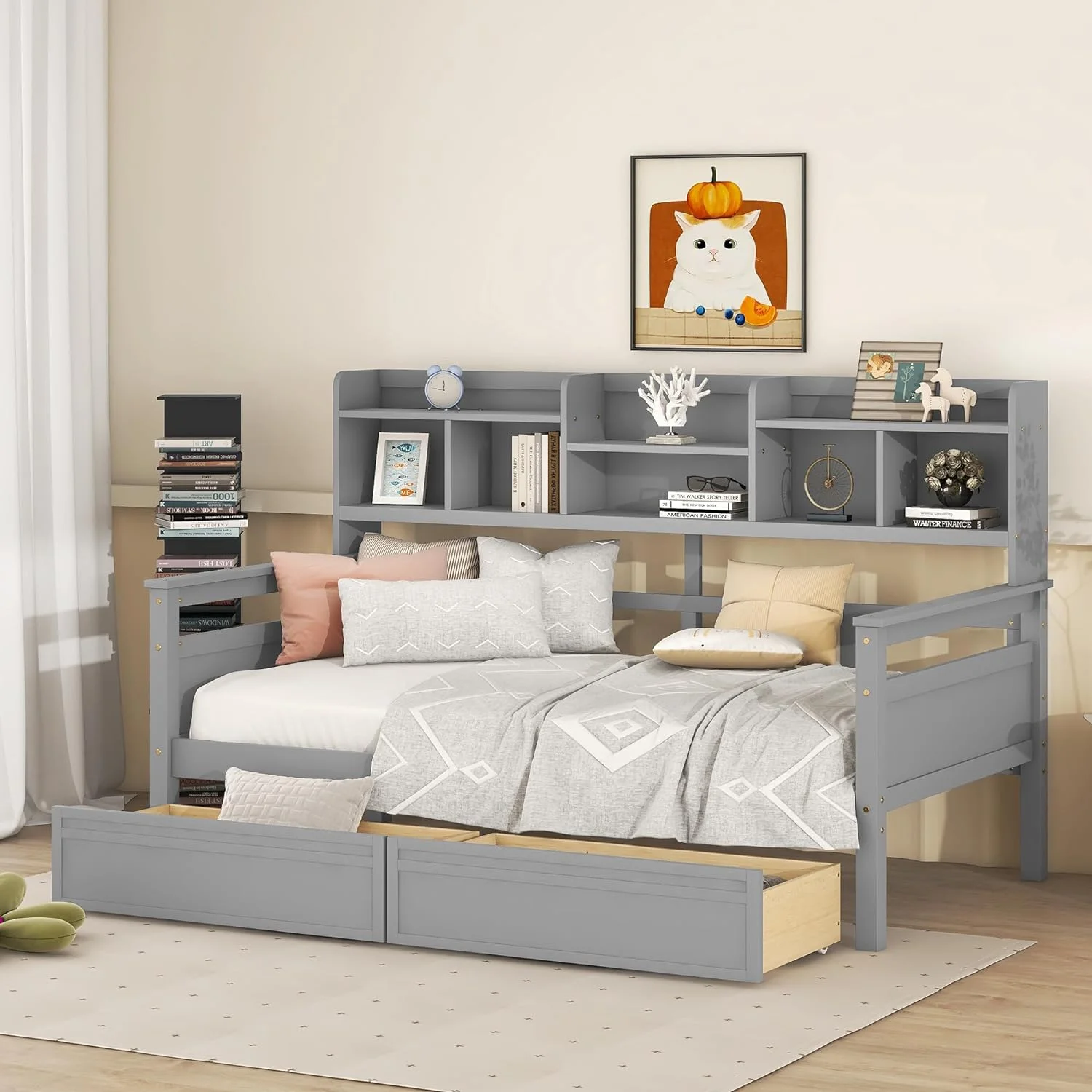 Size Daybed Wih Bookcase Ad Drawers, Wood Daybed Wih Sorage Headboard, Daybed Frame Wih Slas Suppor For Kids ees Aduls, Grey