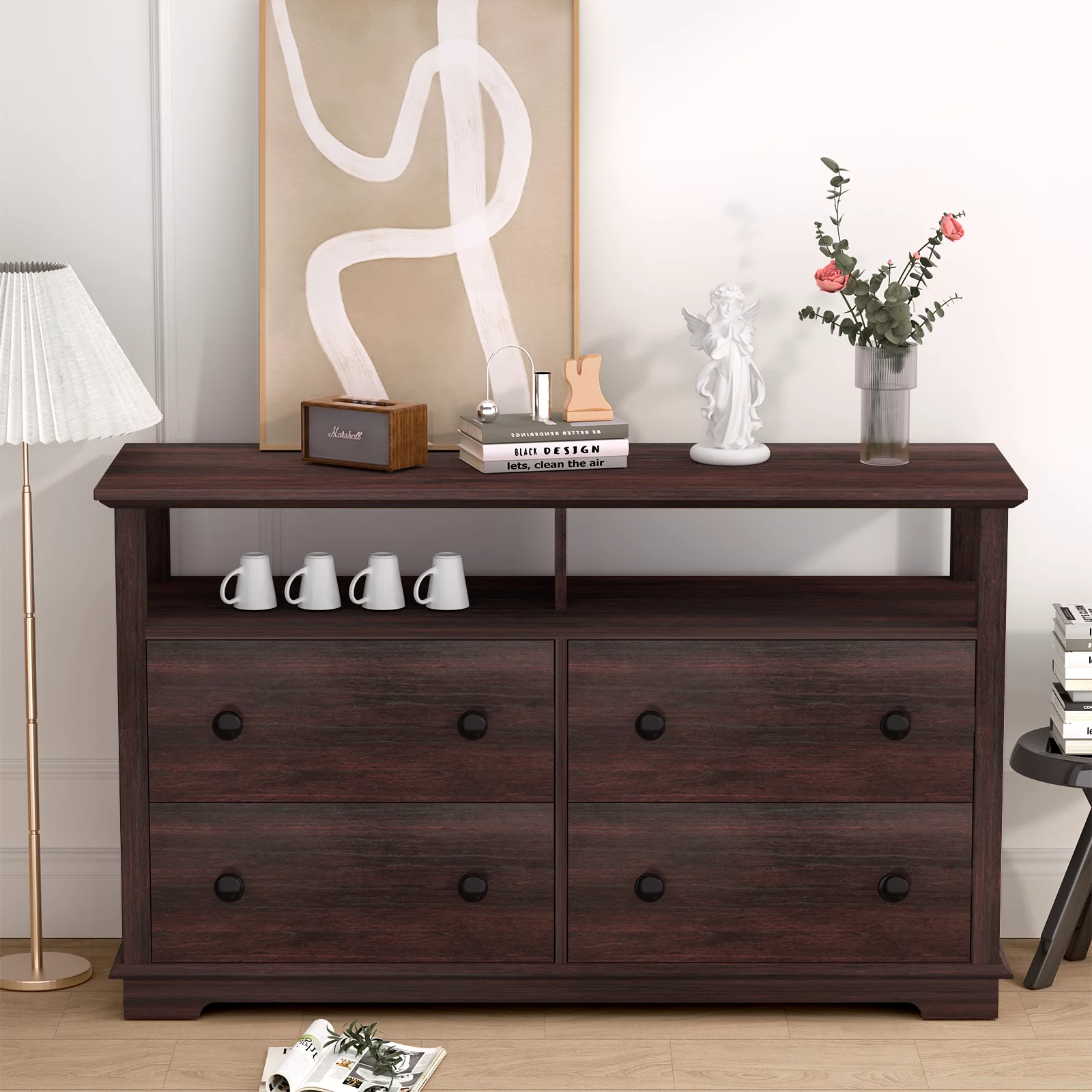 FAGAGA 4 Drawer Dresser Chest for Bed Room,Modern Sideboards and Buffets with Storage Shelves Cabinets for Living Room,Entryway,Kitchen,Espresso