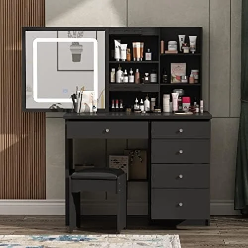 GEROBOOM Large Vanity Table Set Vanity Dressing Table with Mirror 5 Drawers & Shelves Dresser Desk and Cushioned Stool Set (White Slidding Lighted Mirror-)
