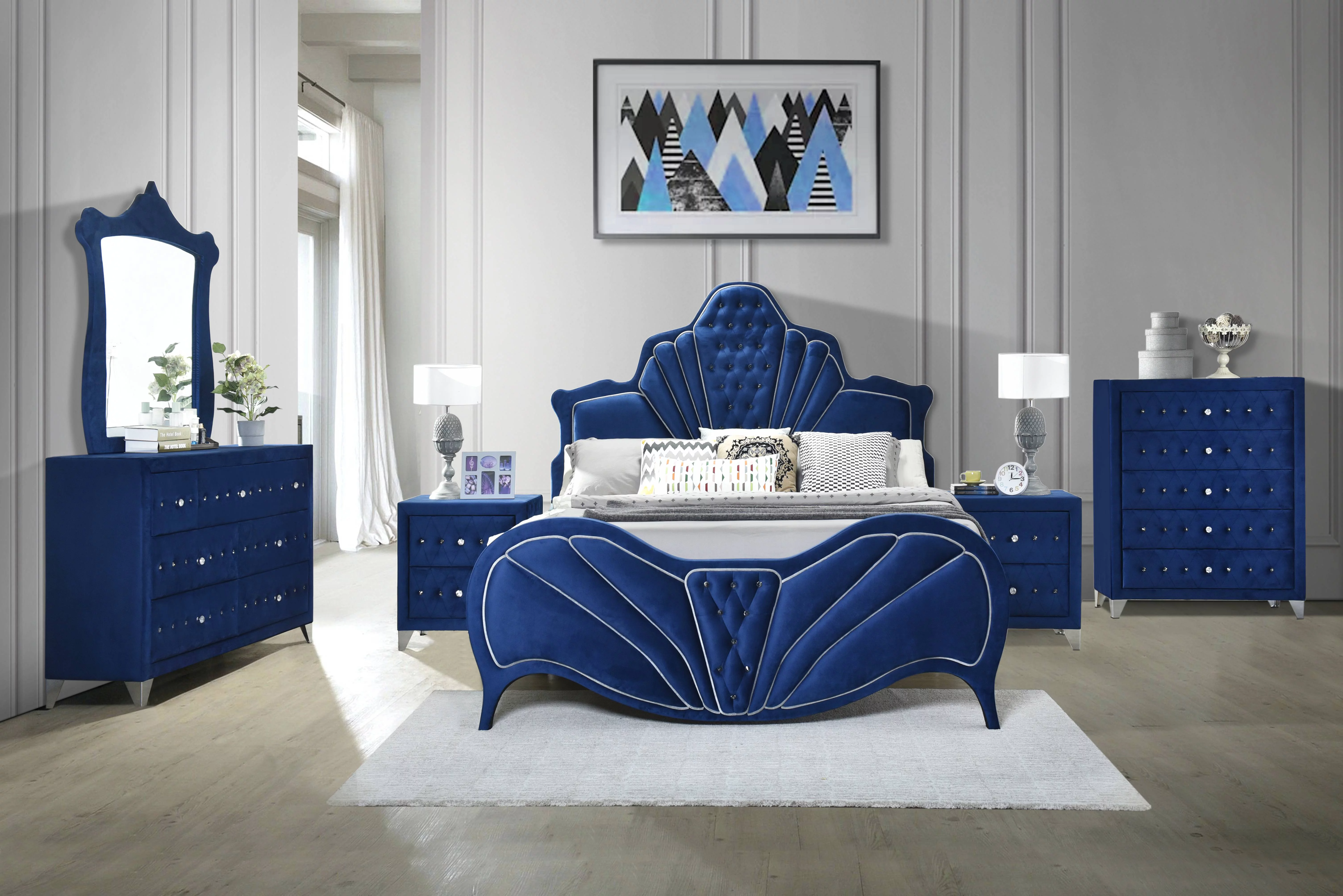 Dante Eastern King Bed in Blue Velvet
