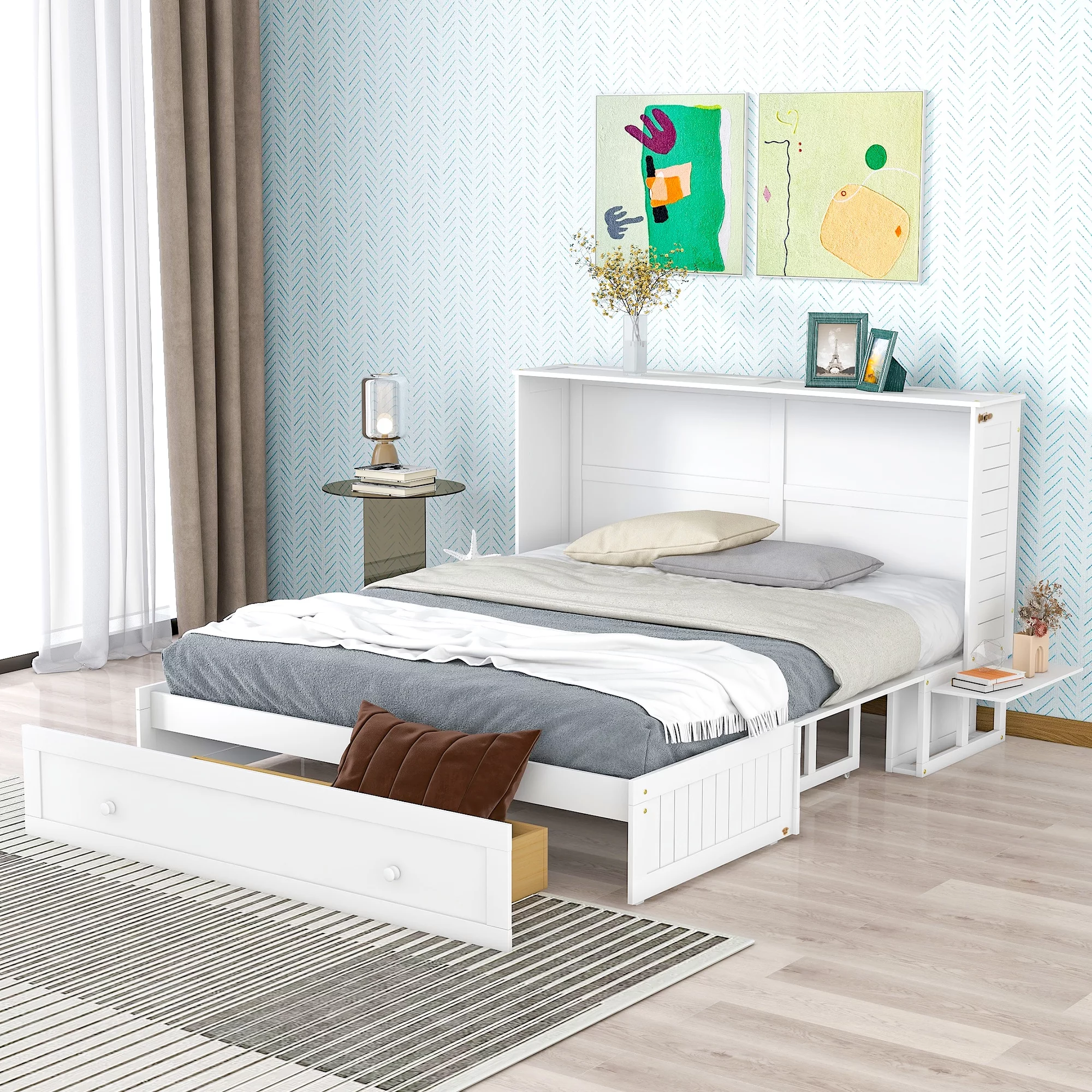 Euroco Queen Size Murphy Bed with Shelf and Drawer, Convertible into a Cabinet for Living Room, Space-Saving & Easy Open and Close, White