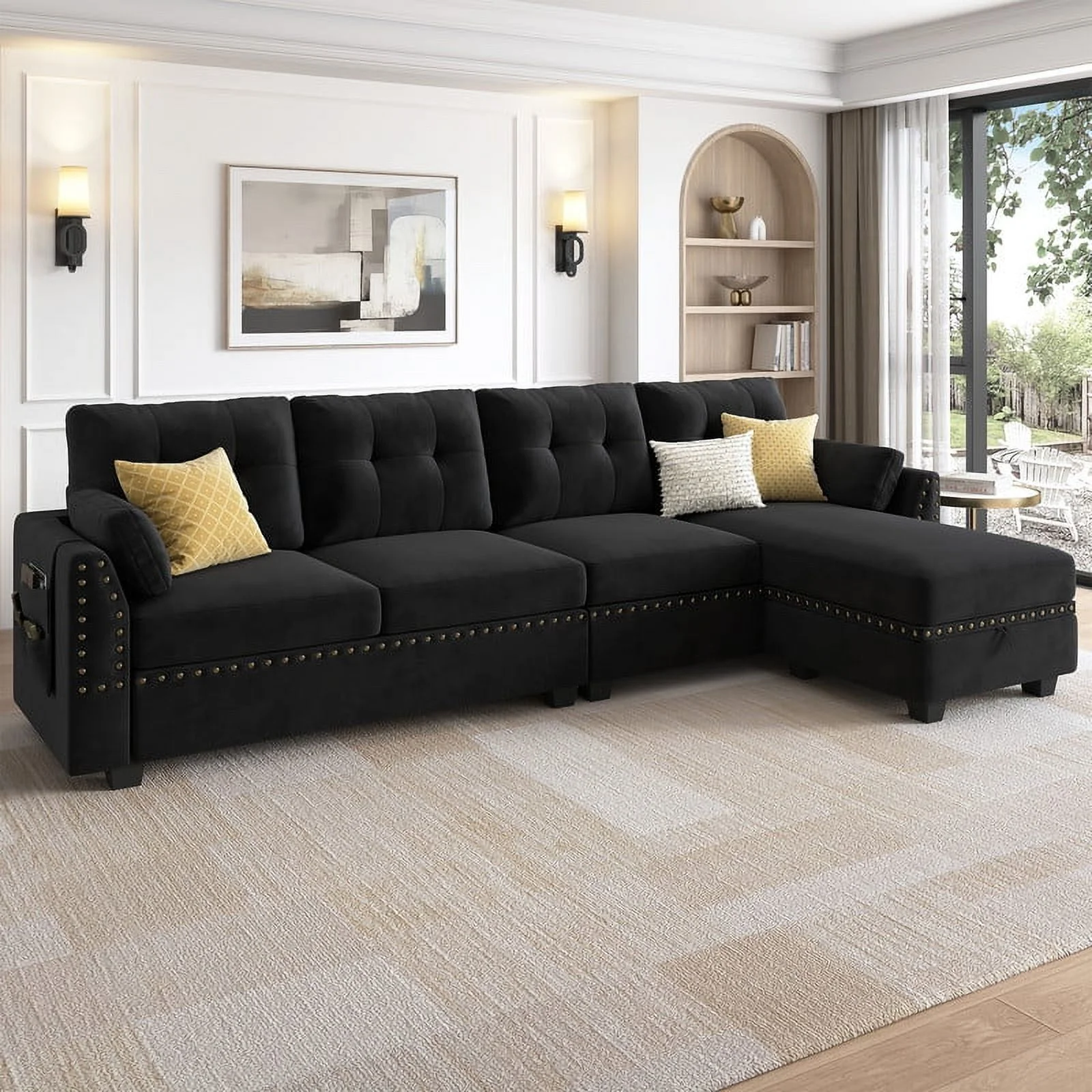 HONBAY Modern Velvet L Shaped Sectional Couch with Reversible Chaises and Storage Ottoman for Small Space and Living Room, Black
