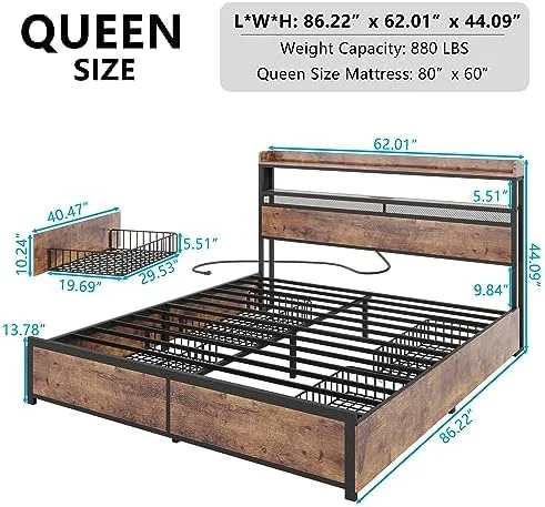 xrboomlife Queen Bed Frame with 4  Drawers  LED Bed Frame with Wireless Charging & Outlets & USB & Type-C Port  Metal Platform Bed Frame with 2-Tier  Headboard  No Box Spring
