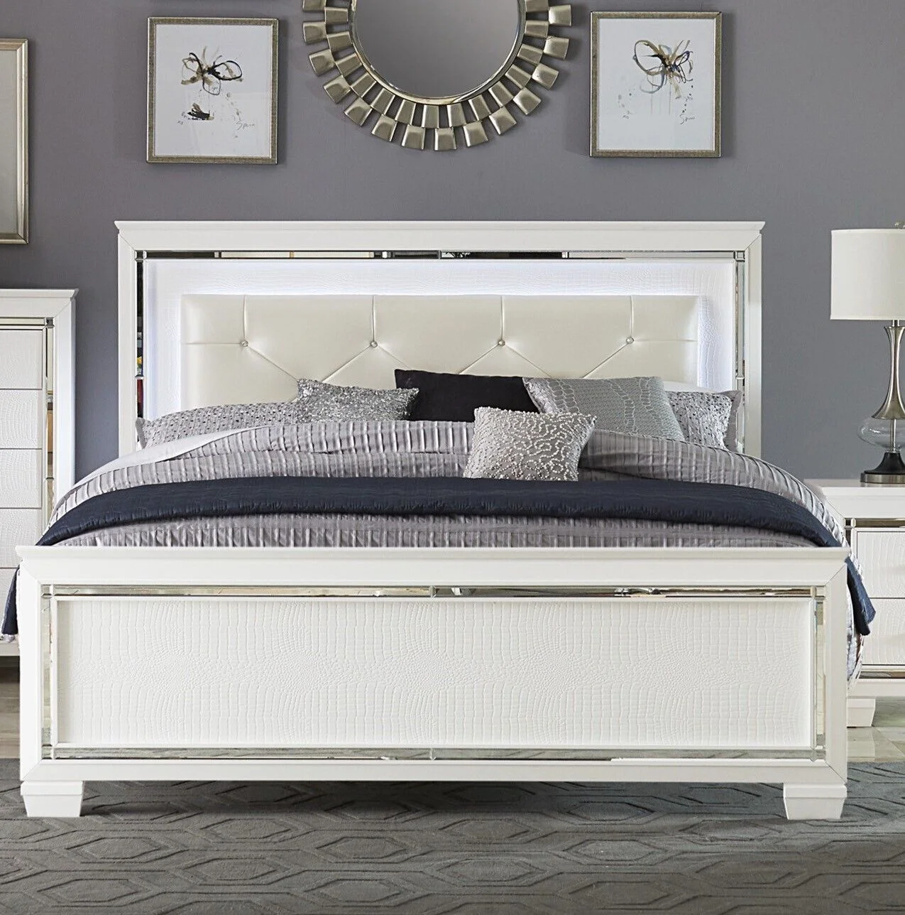 Glamorous Design Queen Size Bed Button-Tufted LED Headboard White Finish Bedroom Furniture