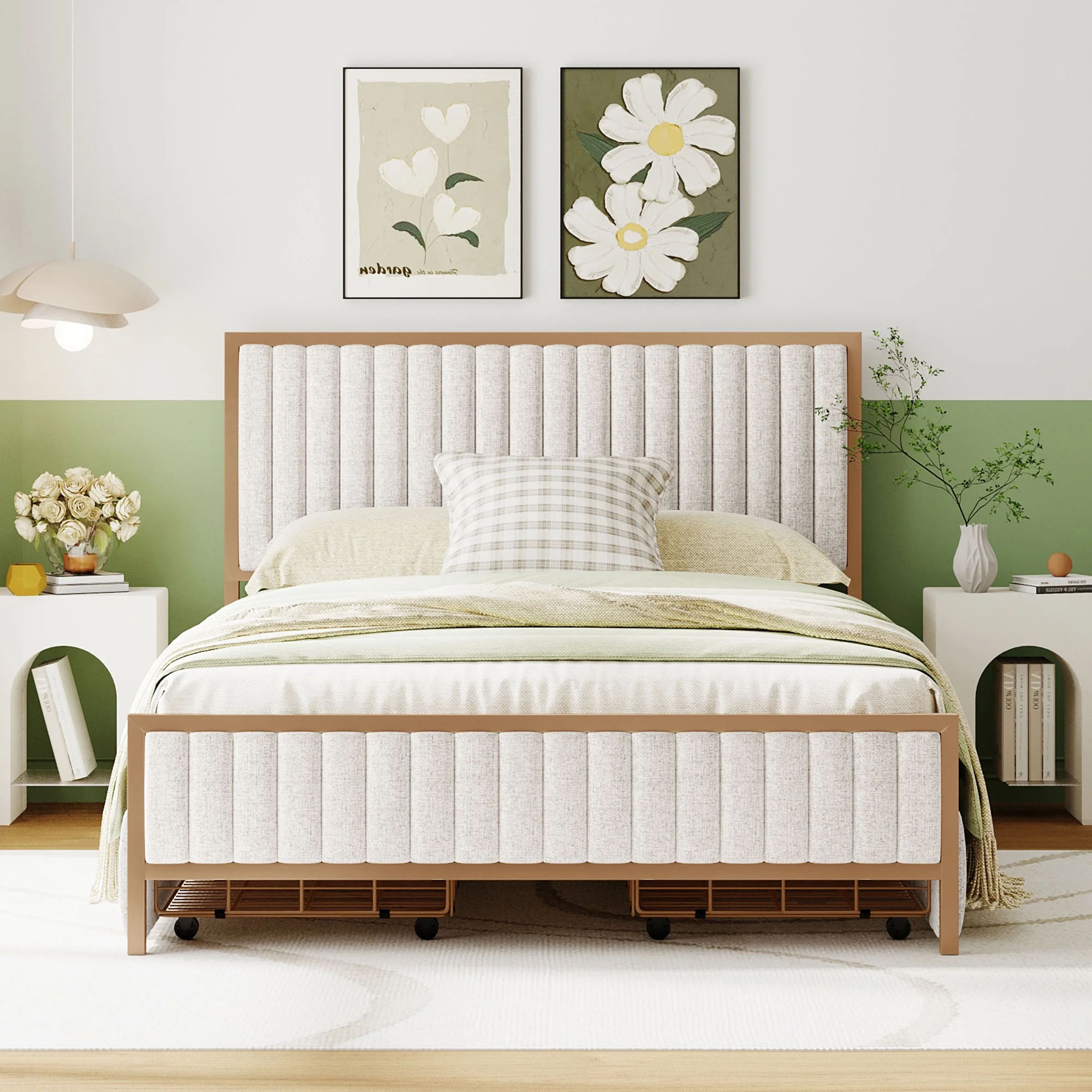 CoSoTower Full Size Metal Frame Upholstered Bed with 4 Drawers, Linen Fabric, Beige
