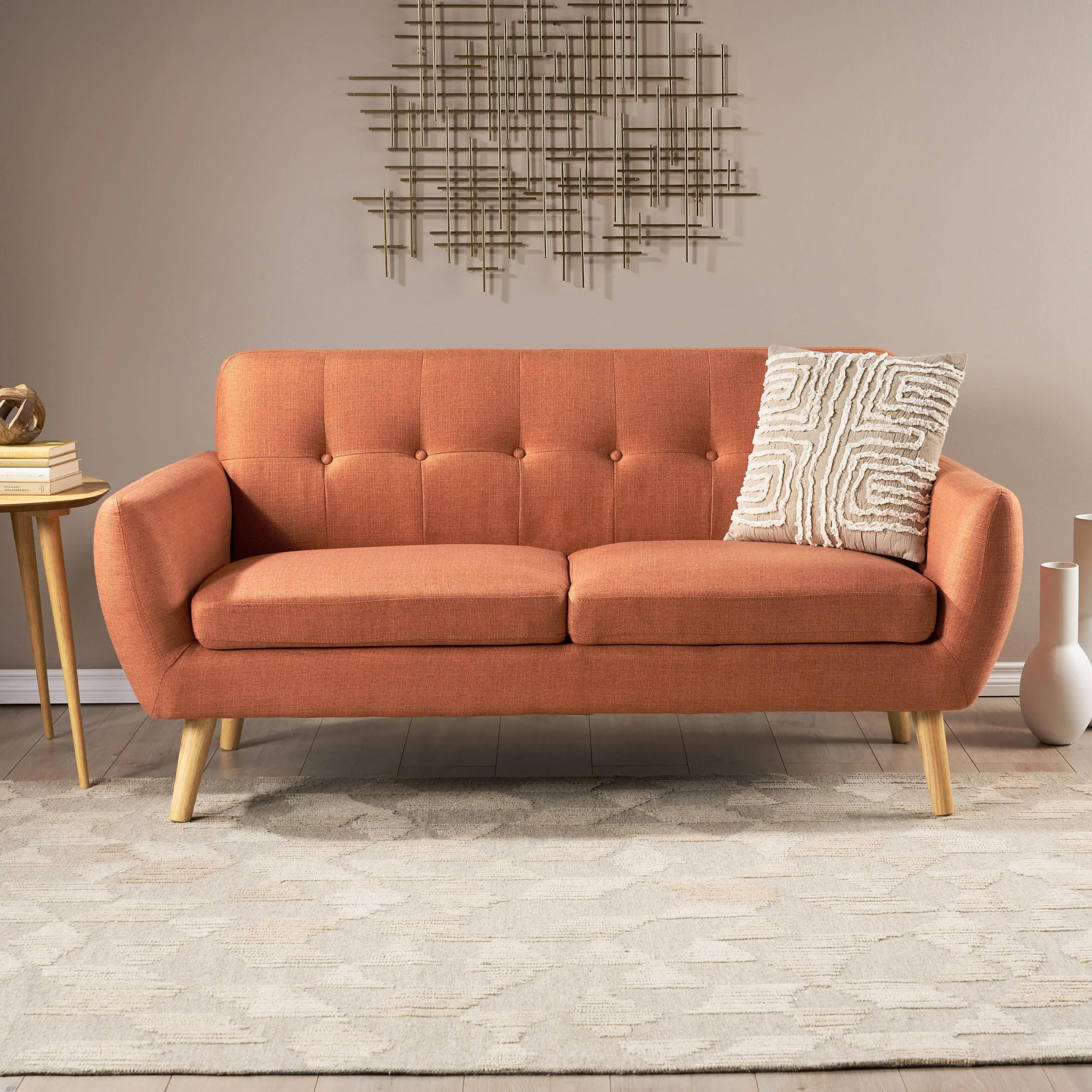 Noble House Abitha Fabric Tufted Sofa, Burnt Orange, Natural Oak