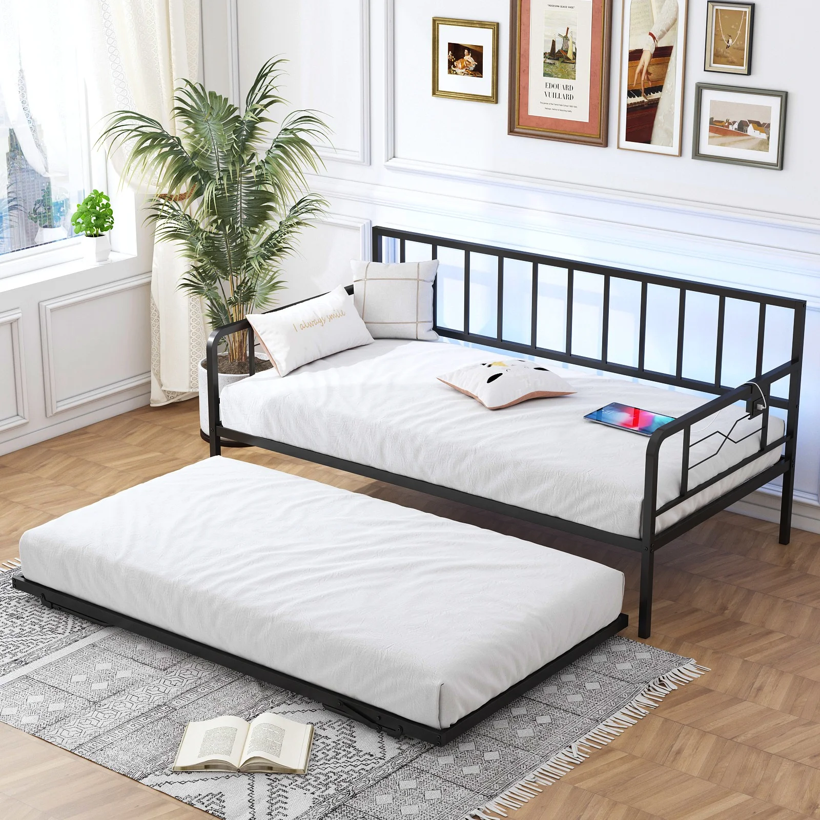 Twin Daybed Trundle Frame Set Metal Frame Twin Size Sofa Bed with Charging Station and LED Lights for Teens Kids Adults for Living Room Bedroom Room, Black