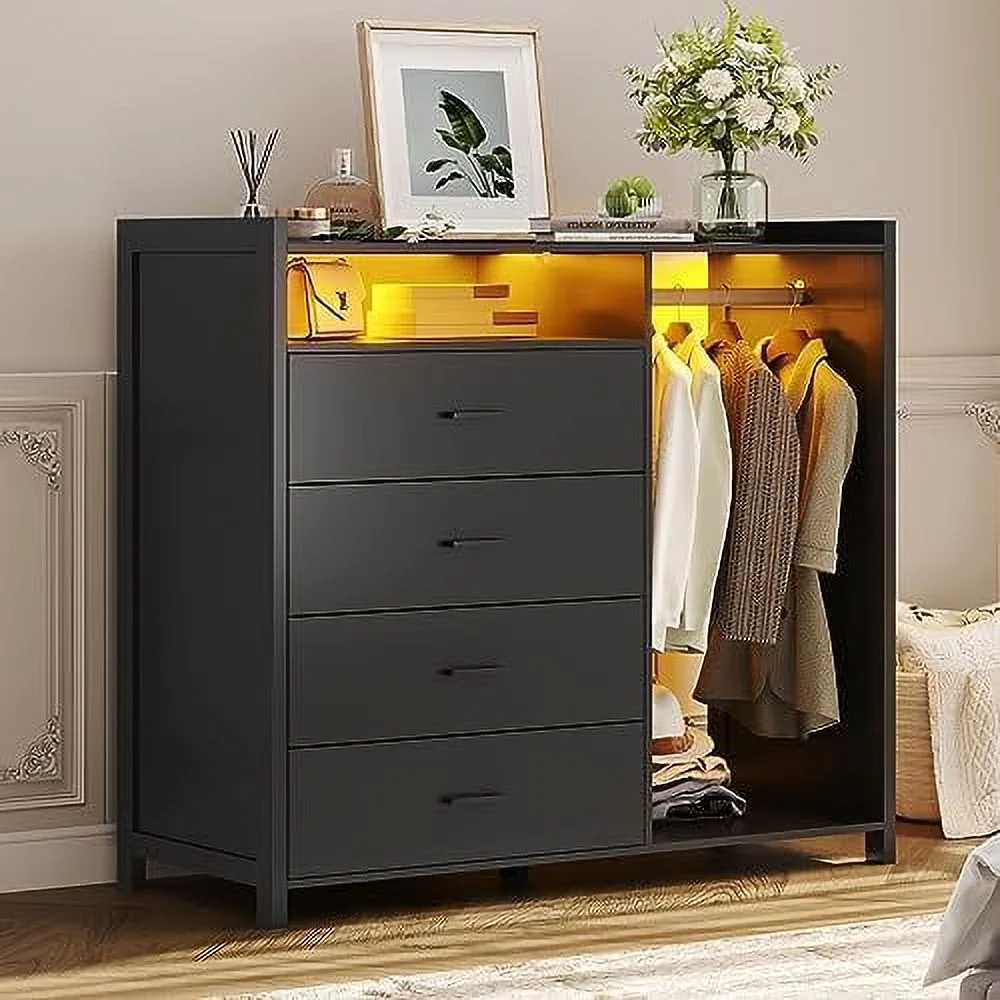 RUNFAYBIU Dresser for Bedroom with Clothes Rail Chest of 4 Drawers with LED Lights Modern Black Dresser with Open Space for Bedroom Entryway Large Capacity
