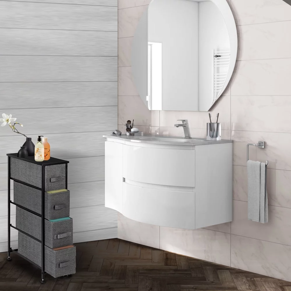 Veryke Drawer Dresser, Dresser Drawer Organizer 4 Drawers, End Table Storage Cabinet, Easy Pull Fabric Bins, Wooden Nightstand for Bedroom, Hallway, Entryway Furniture, Gray