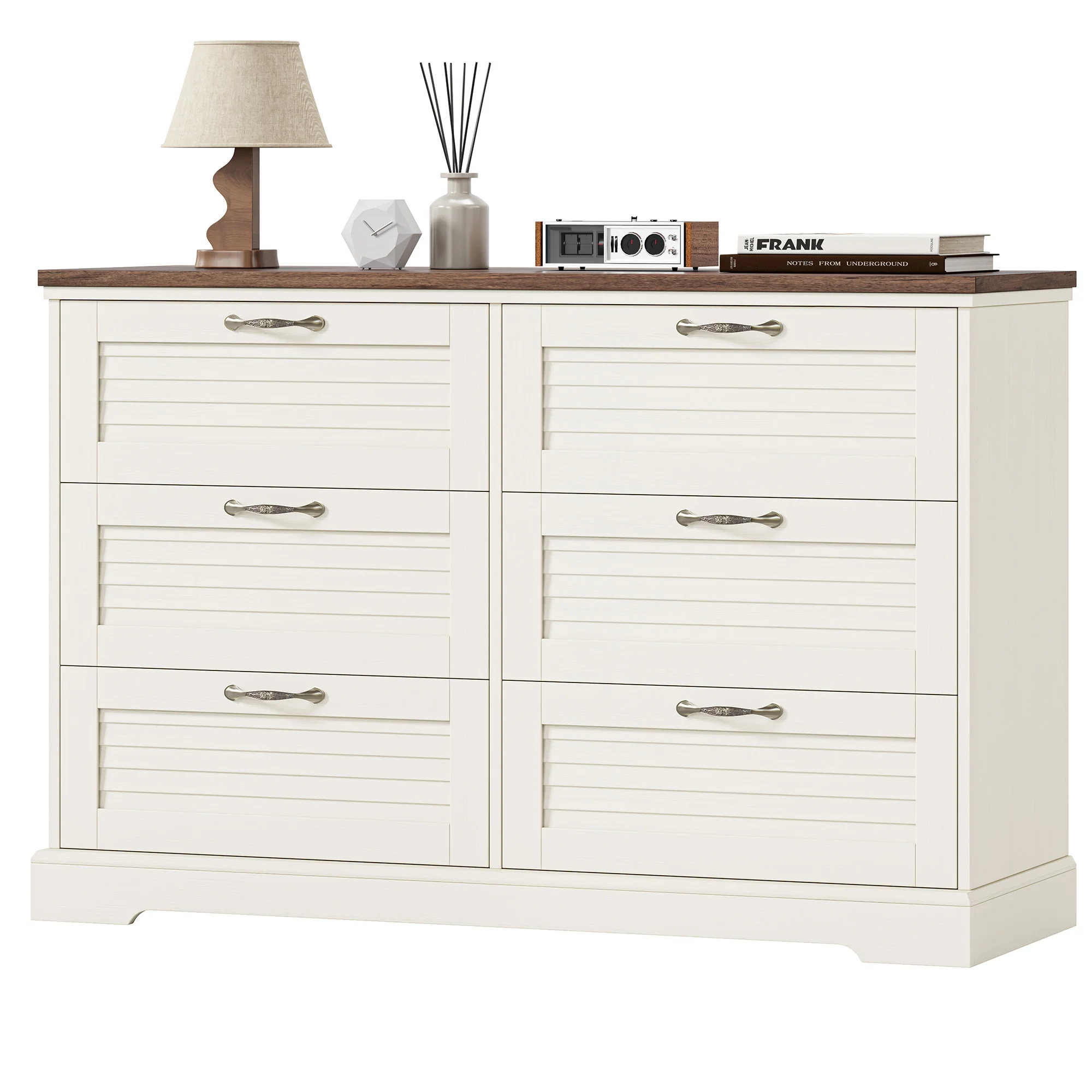 Homfa 6 Drawer Double Dresser for Bedroom, Farmhouse White Dresser Wood Storage Cabinet with Oak Wide Top for Living Room