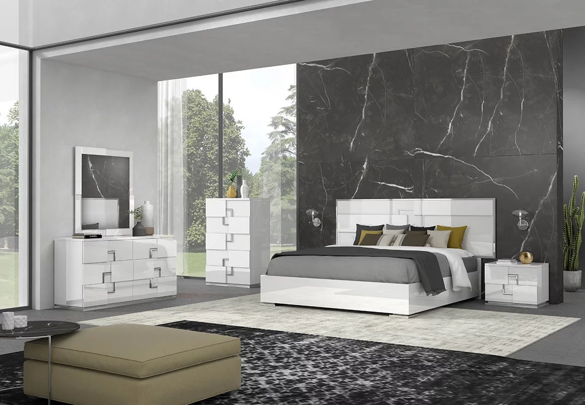 J&M Furniture Infinity Premium Bedroom with 6 piece queen bed, chest, dresser, mirror and 2 nightstand, queen bedroom set