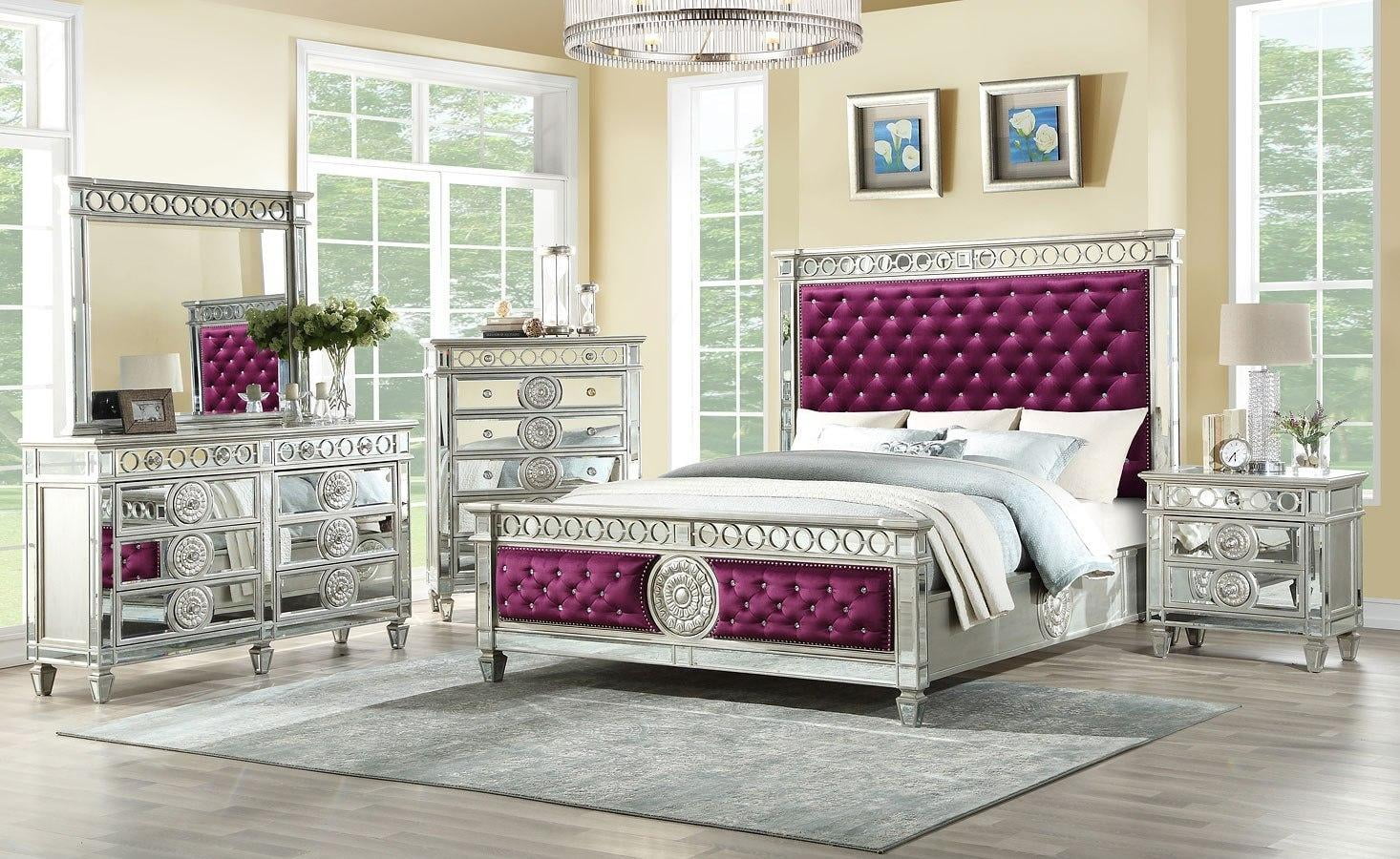 Burgundy Velvet & Mirrored Eastern King Bedroom Set by Acme Varian 27367EK-6pcs