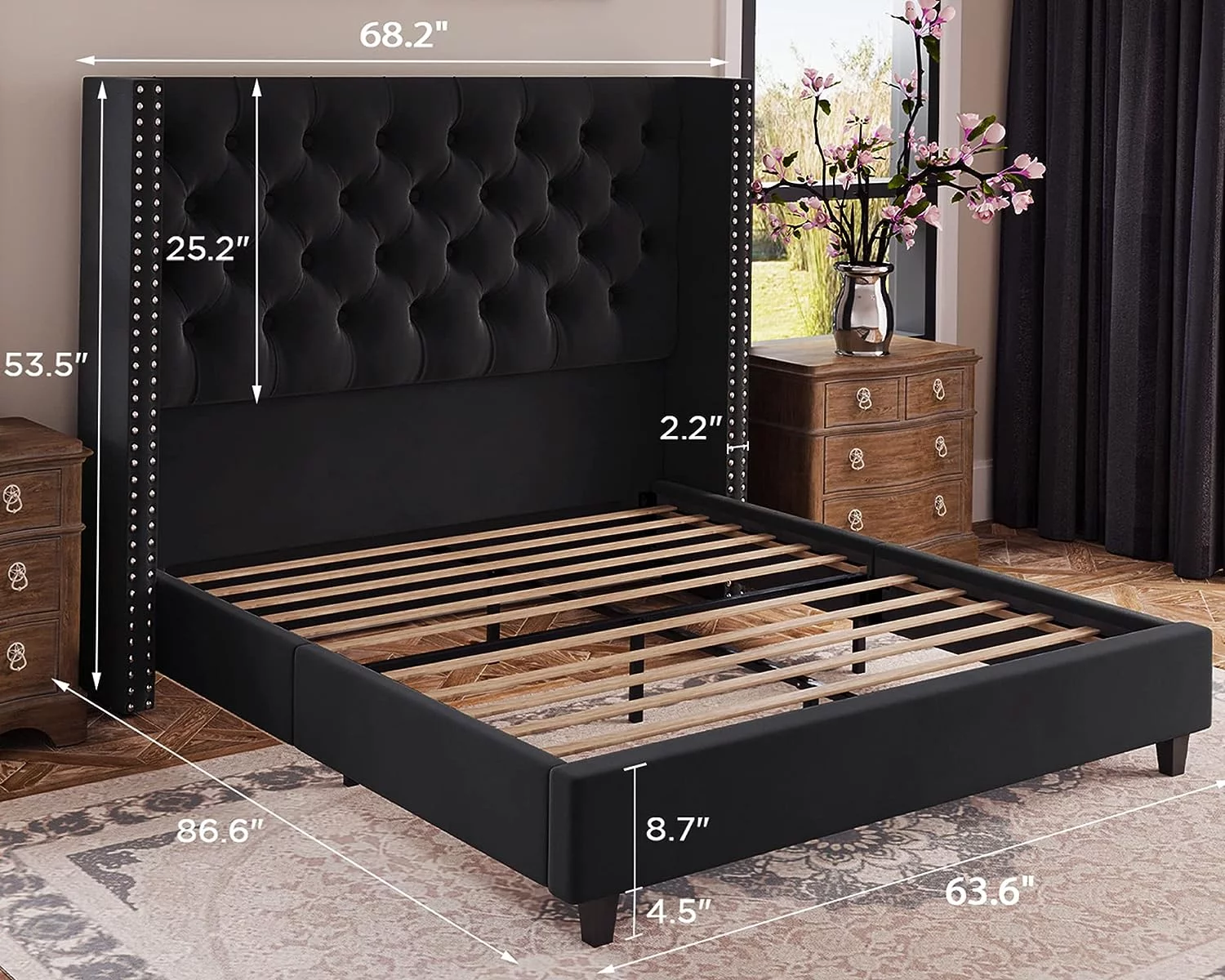 Jocisland Queen Bed Frame Upholstered Bed Wingback Headboard Velvet Tufted Deep Button/No Box Spring Needed/Easy Assembly/Black