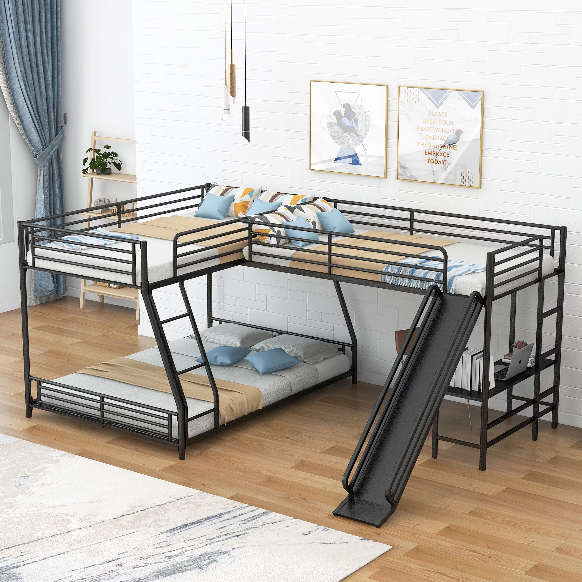Euroco Metal L-Shaped Twin over Full Bunk and Twin Loft Bed with Desk and Slide for Kids Teens Adults, 3 Beds in 1, Black