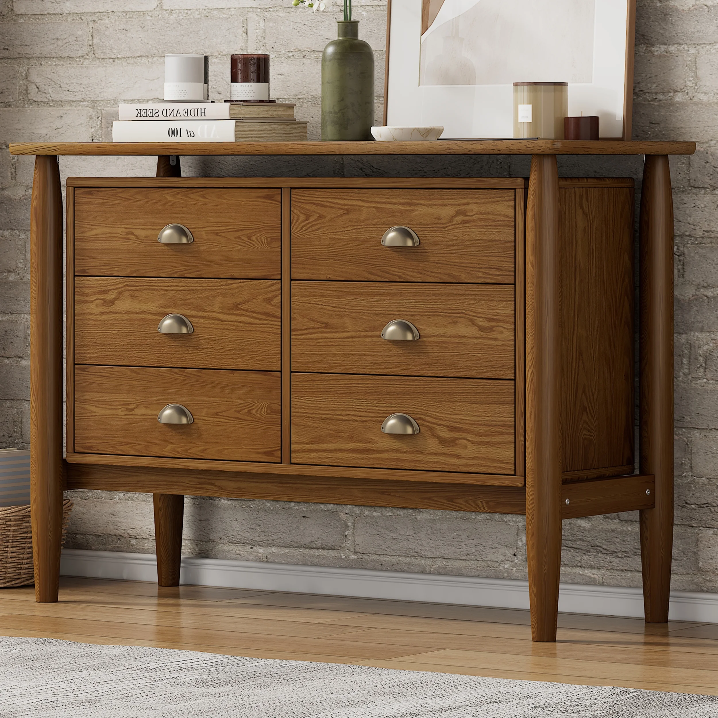 Mid Century Modern Wood 6-Drawer Dresser Storage Cabinet for Bedroom,Living Room,Rubberwood