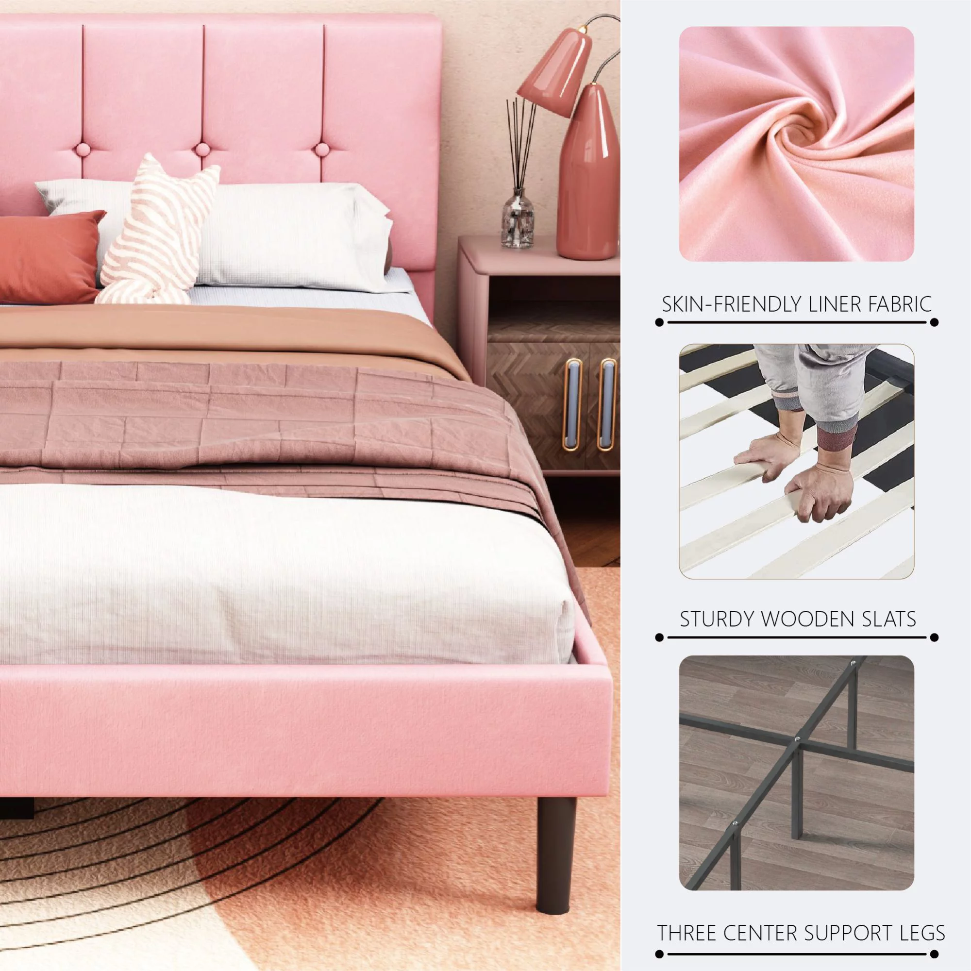 Lijimei Queen Bed Frame with Upholstered Headboard, Button Tufted Style, Pink, Velvet