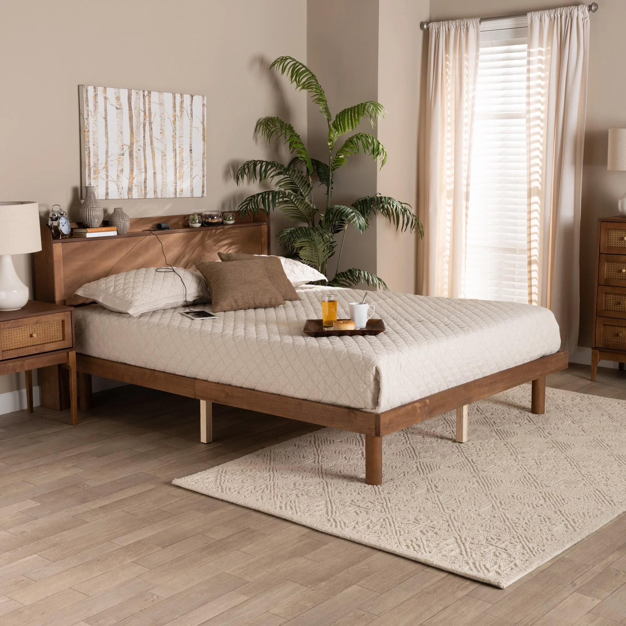 Baxton Studio Decker Mid-Century Modern Transitional Walnut Brown Finished Wood Platform Bed with Charging Station Full