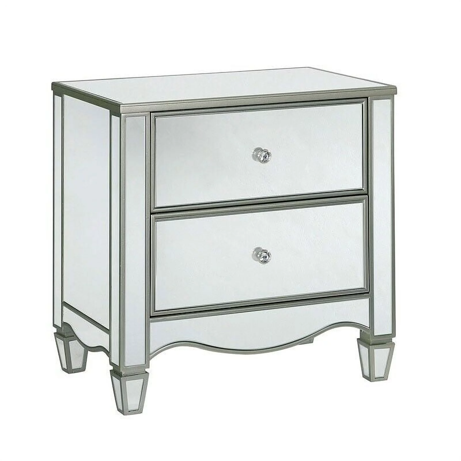 Queen Size Bed 2x Nightstands 3pc Set Silver Padded Leatherette Button Tufted headboard Crystal Drawers Knobs Bedside Table