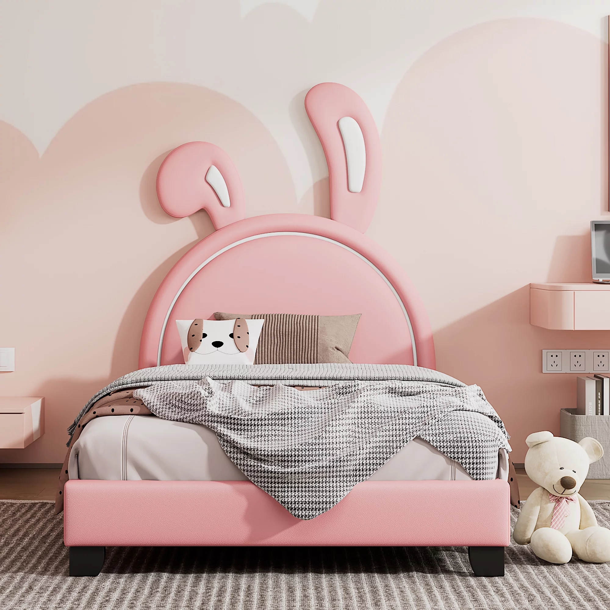 CoSoTower Twin Size Upholstered Leather Platform Bed with Rabbit Ornament, Pink