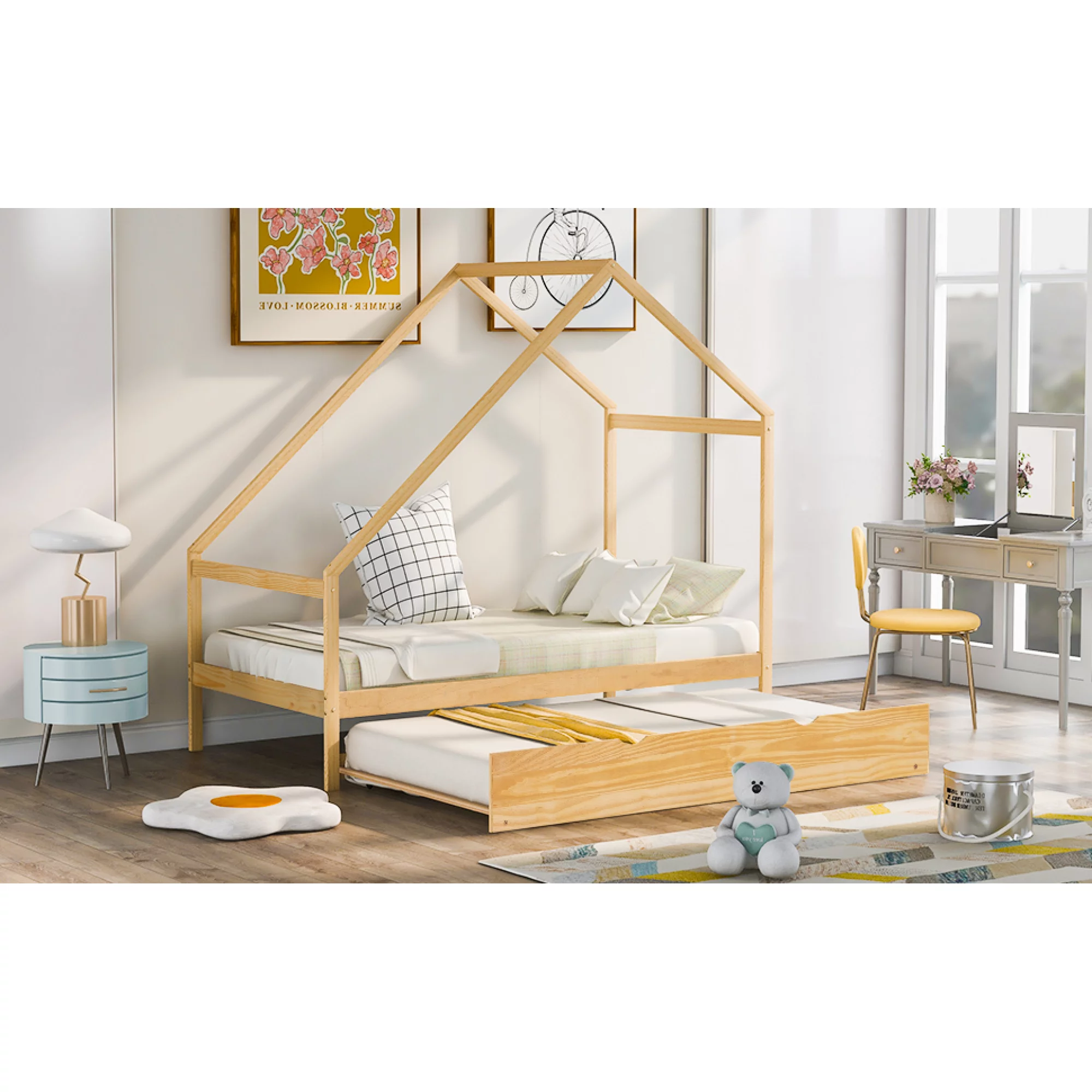 Twin Size Wooden House Bed With Twin Size Trundle, Natural