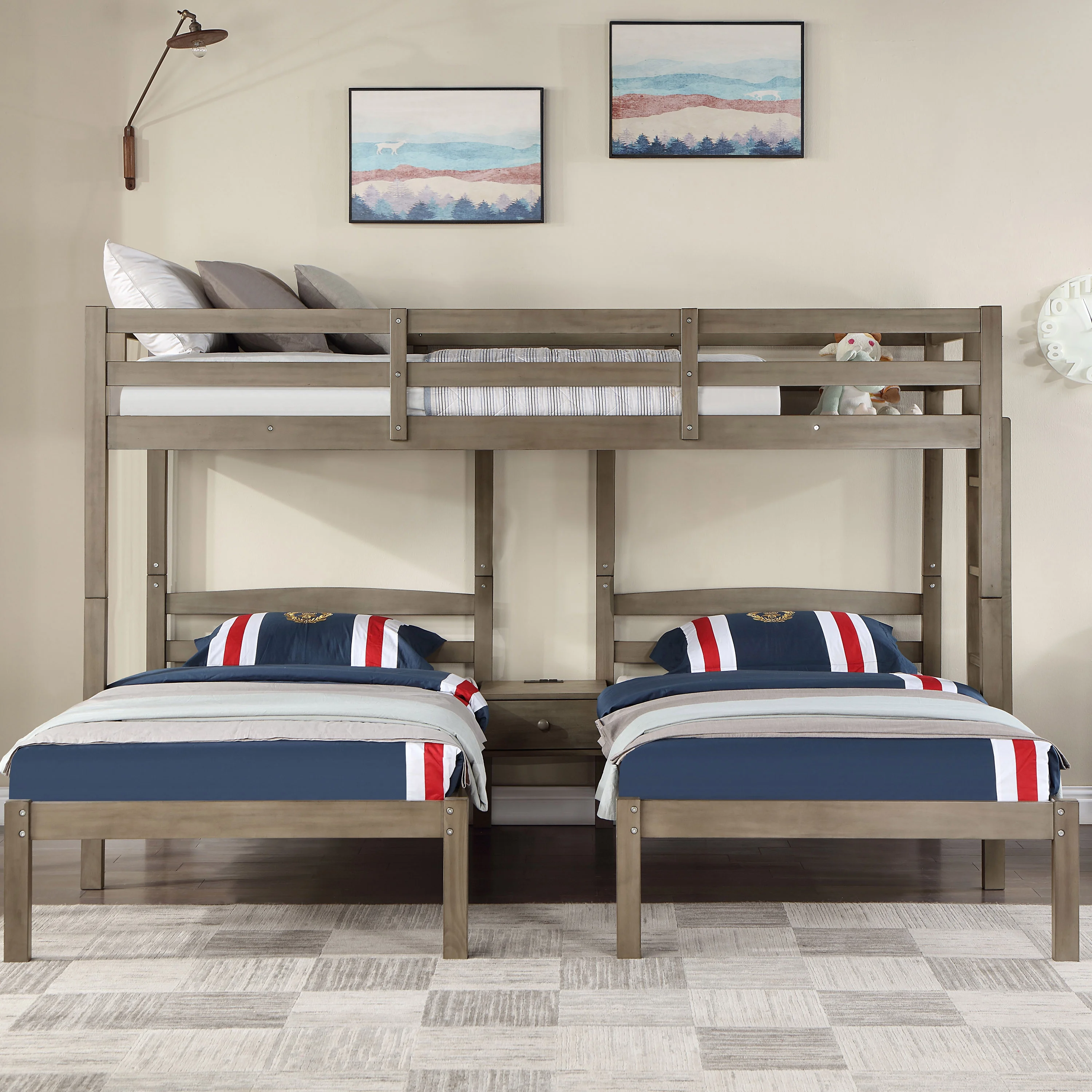 Furniture of America Roligt Wood Triple Twin Bunk Bed with USB, Gray