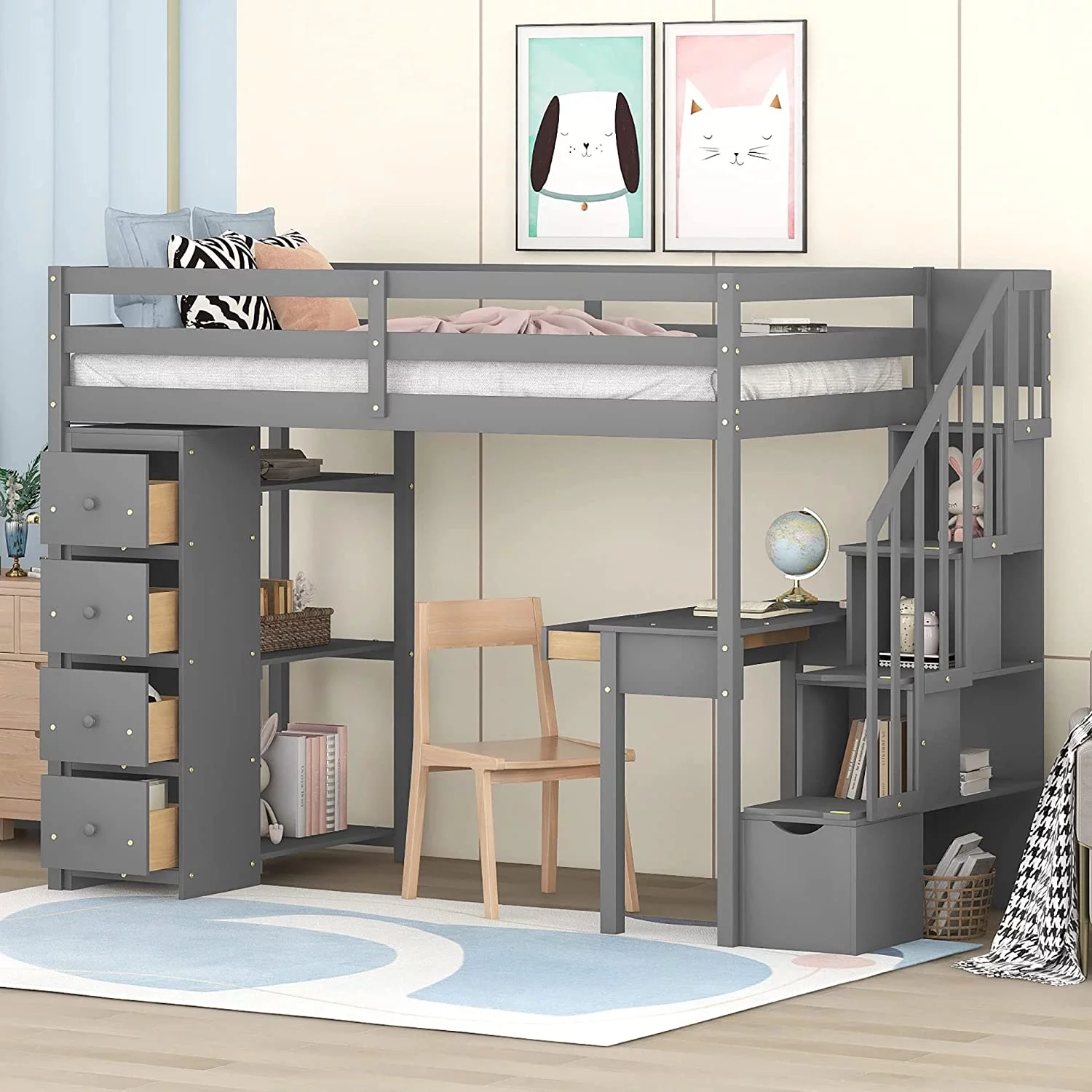 Size Loft Bed With Desk, Loft Bed Frame With Storage Drawers And Stairs, Wooden Loft Bed With Shelves, Gray