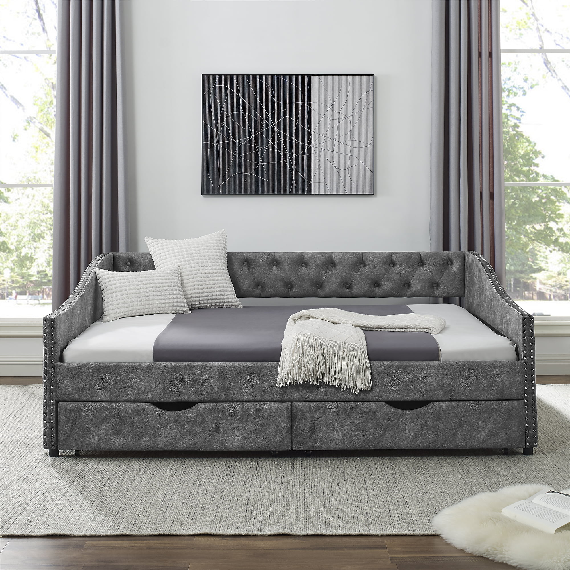 CoSoTower Full Size Daybed with Drawers Upholstered TuFTed Sofa Bed, with Button on Back and Copper Nail on Waved Shape Arms, Grey（80.5“X55.5”X27.5“）