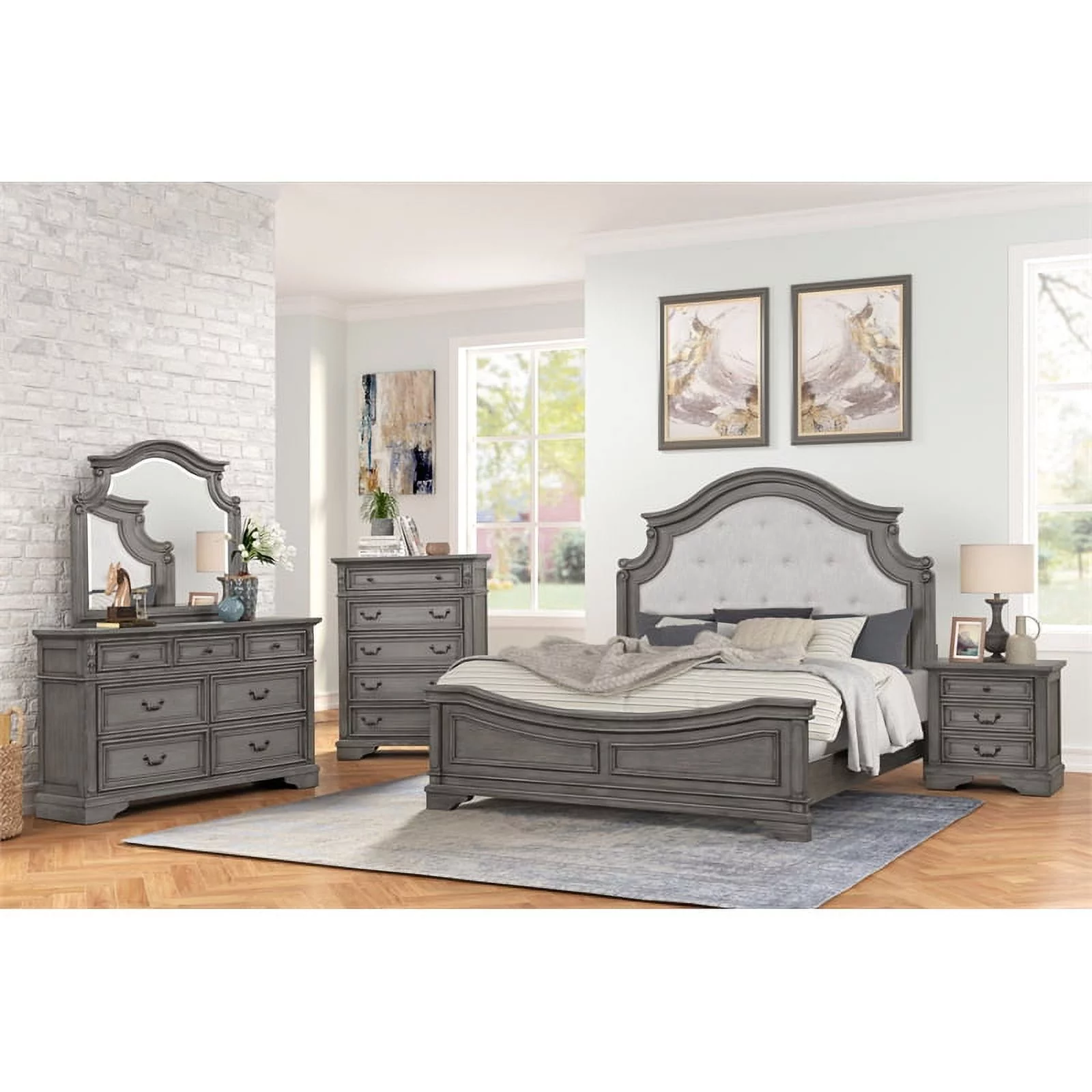 Pemberly Row Traditional Tufted King 5 Pc Bedroom Set Made with Wood in Gray