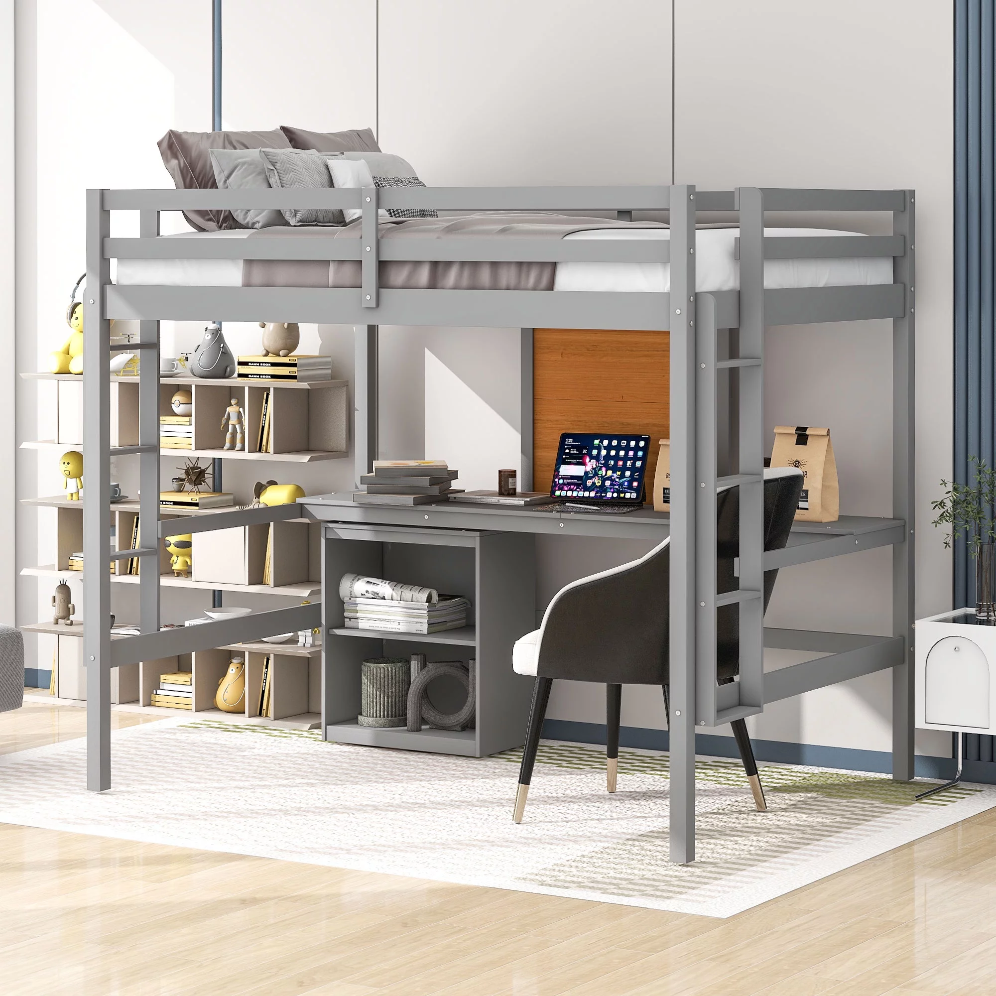 Full Loft Bed with Desk Bookcase Storage Cabinet, Solid Wood Slat Bed Frame with Writing Board Ladder for Child Kids Teens