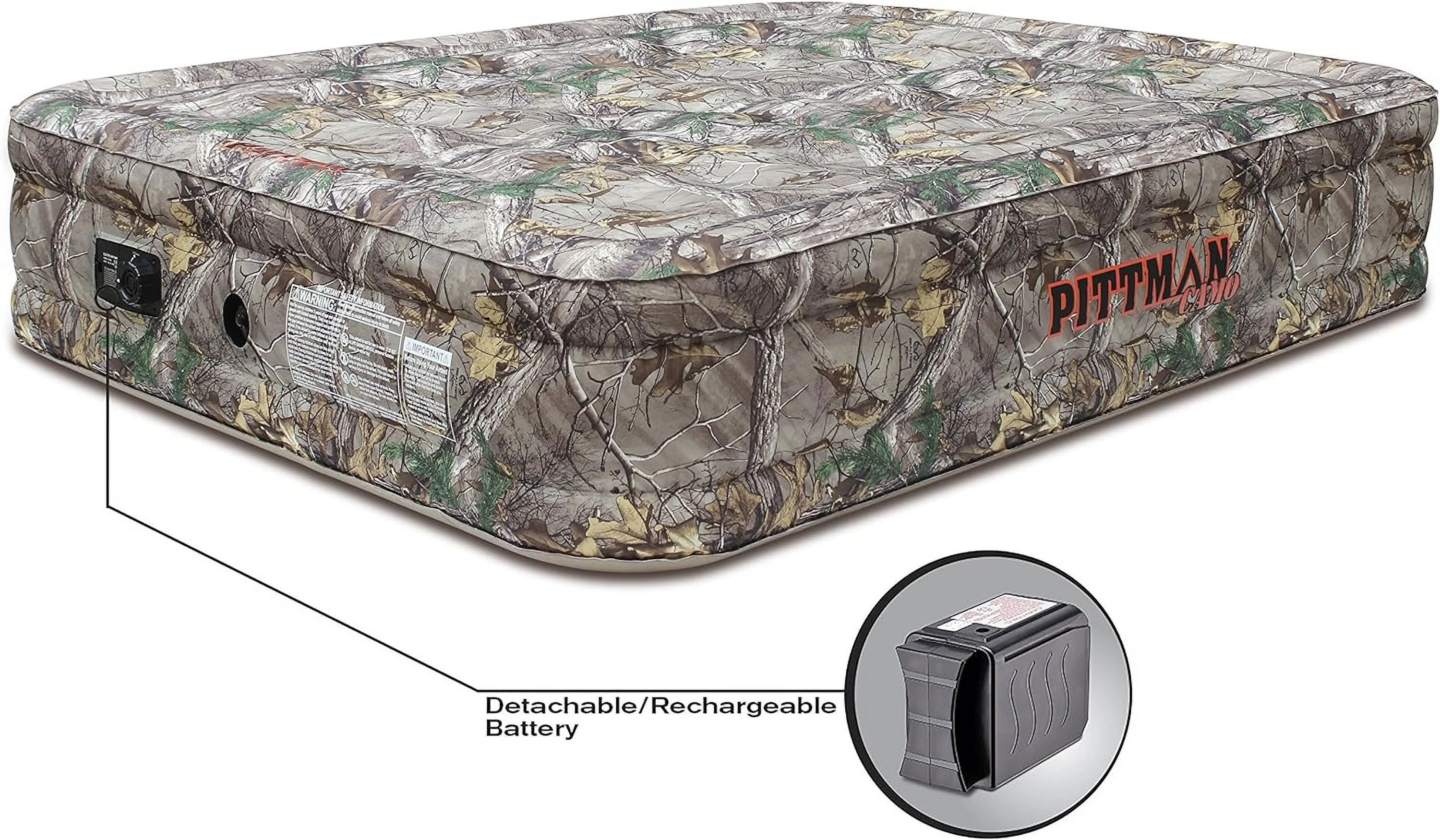 Airbedz Air Mattress - Indoor Outdoor Waterproof Bed, Built-In Rechargeable Battery Air Pump, Queen Size, 16-Inches Tall, Realtree Camo, Carry Bag And Patch Kit Included