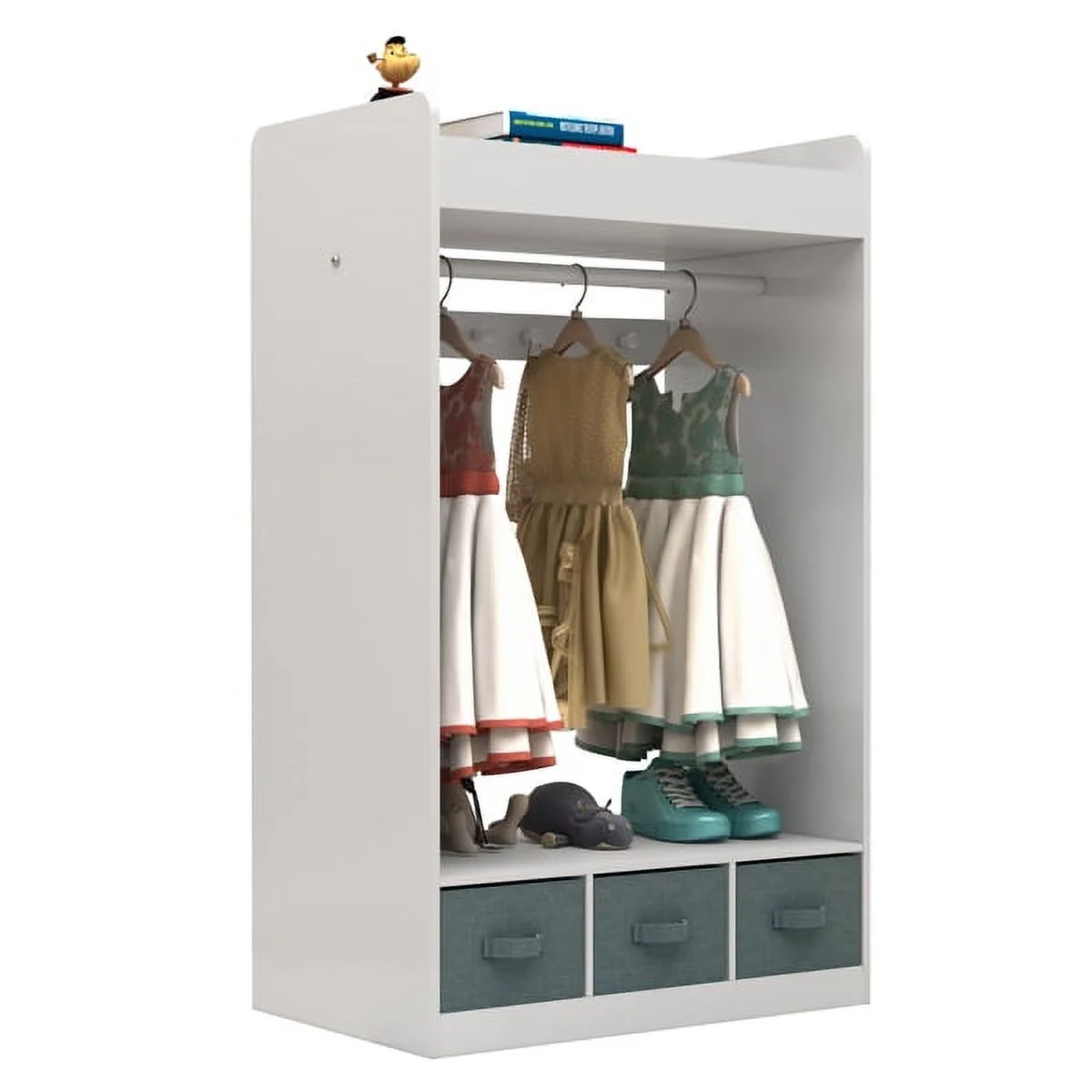 SYTHERS Kids Dress up Storage with Storage Drawer, Open Hanging Armoire Closet, Kids Armoire for Bedroom, White
