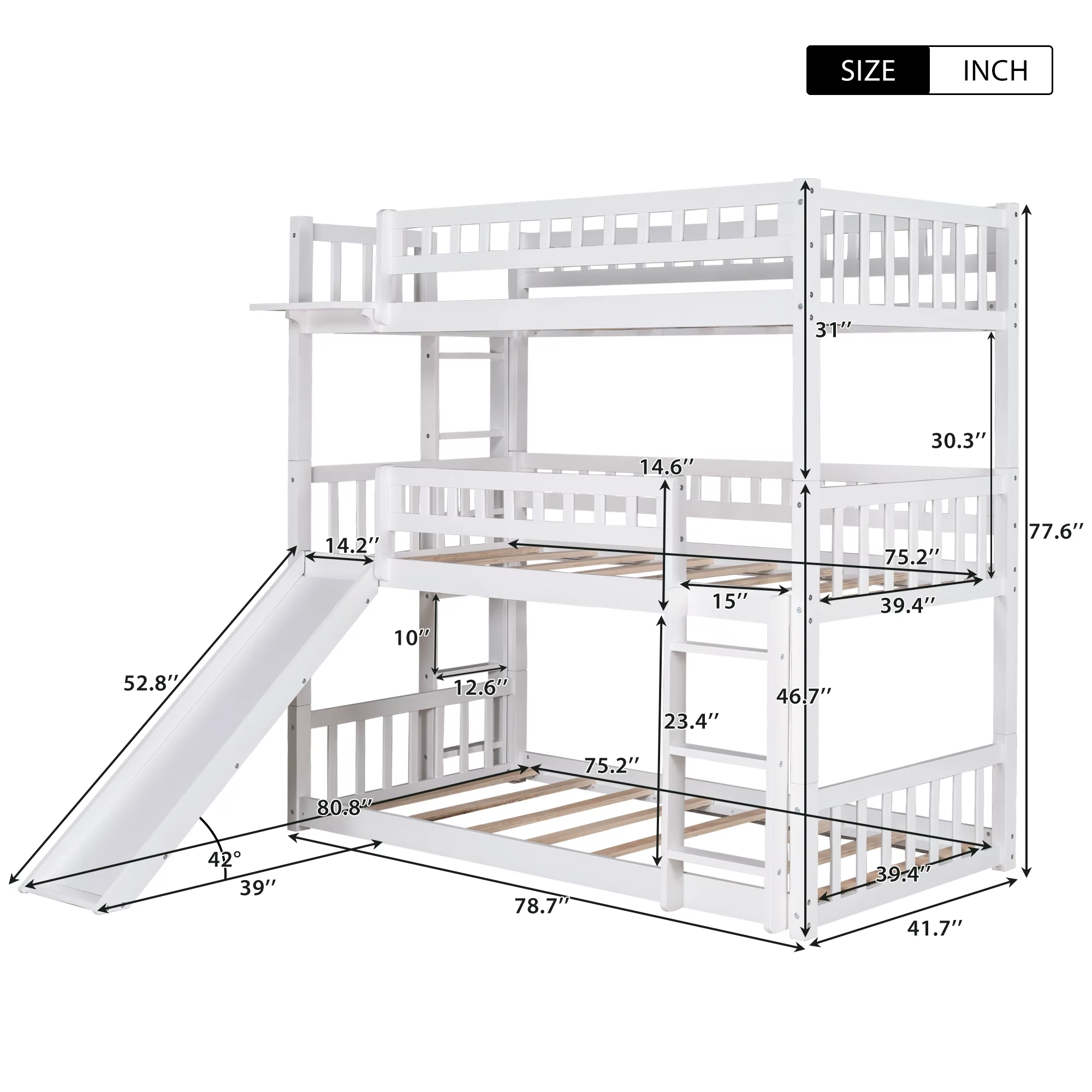 White Twin-Over-Twin-Over-Twin Triple Bunk Bed with Built-in Ladder and Slide