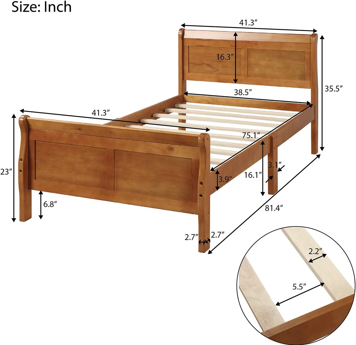 Wooden Platform Bed Bed Frame With Headboard And Footboard, Sleigh Bed With Wood Slat Support (New, Oak)