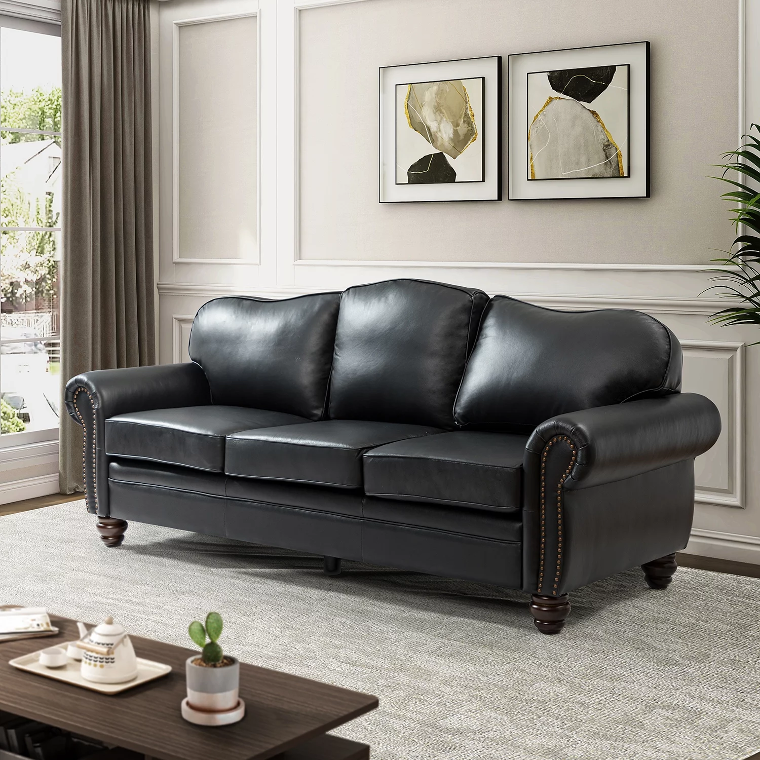 Genuine Leather Sofa with Rolled Arms Nailhead Trims Living Room Reading Black
